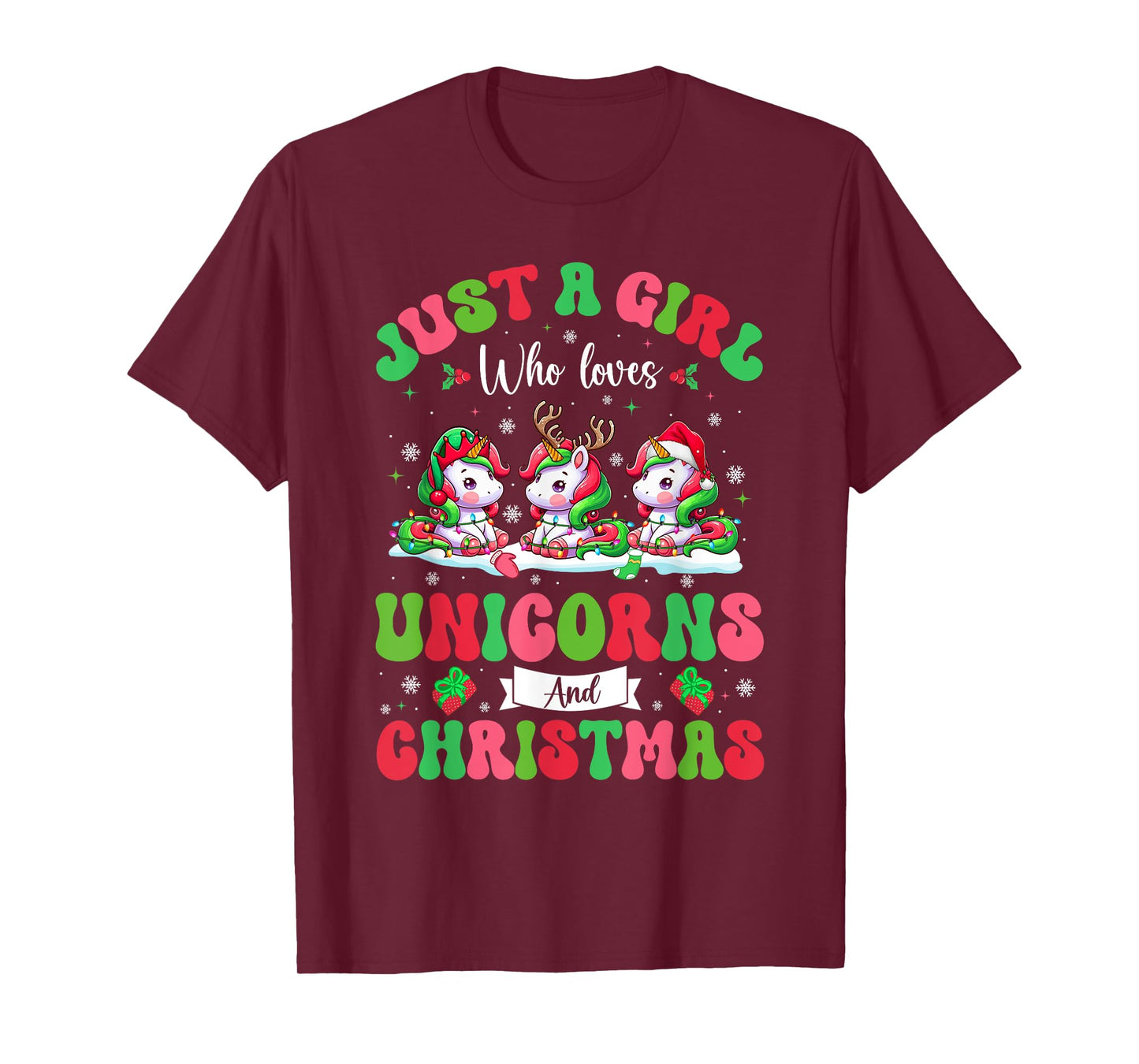 A Girl Loves Unicorns And Christmas Three Santa Unicorns T-Shirt