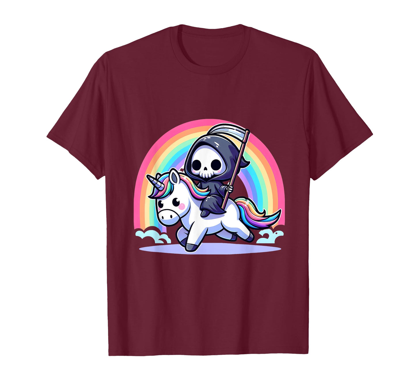 Grim Reaper Riding Unicorn Funny Rainbow Heavy Metal T-Shirt