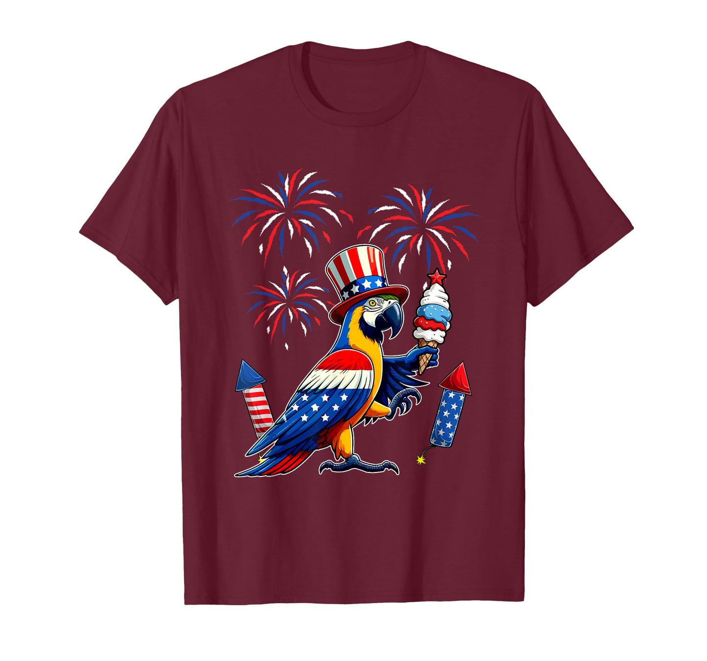 Macaw Sunglasses Eating Ice Cream 4th July US Flag Bird T-Shirt