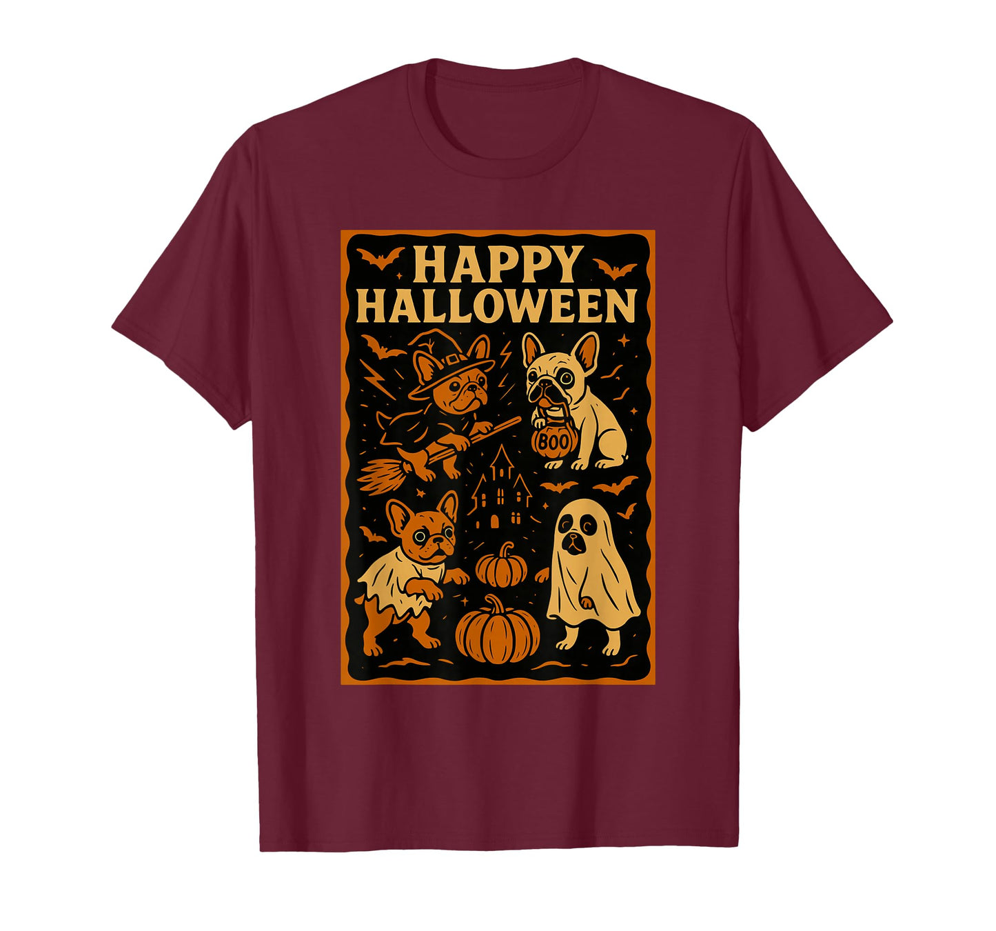 French Bulldog Happy Halloween Witch Hat Pumpkin Dog Ghost T-Shirt