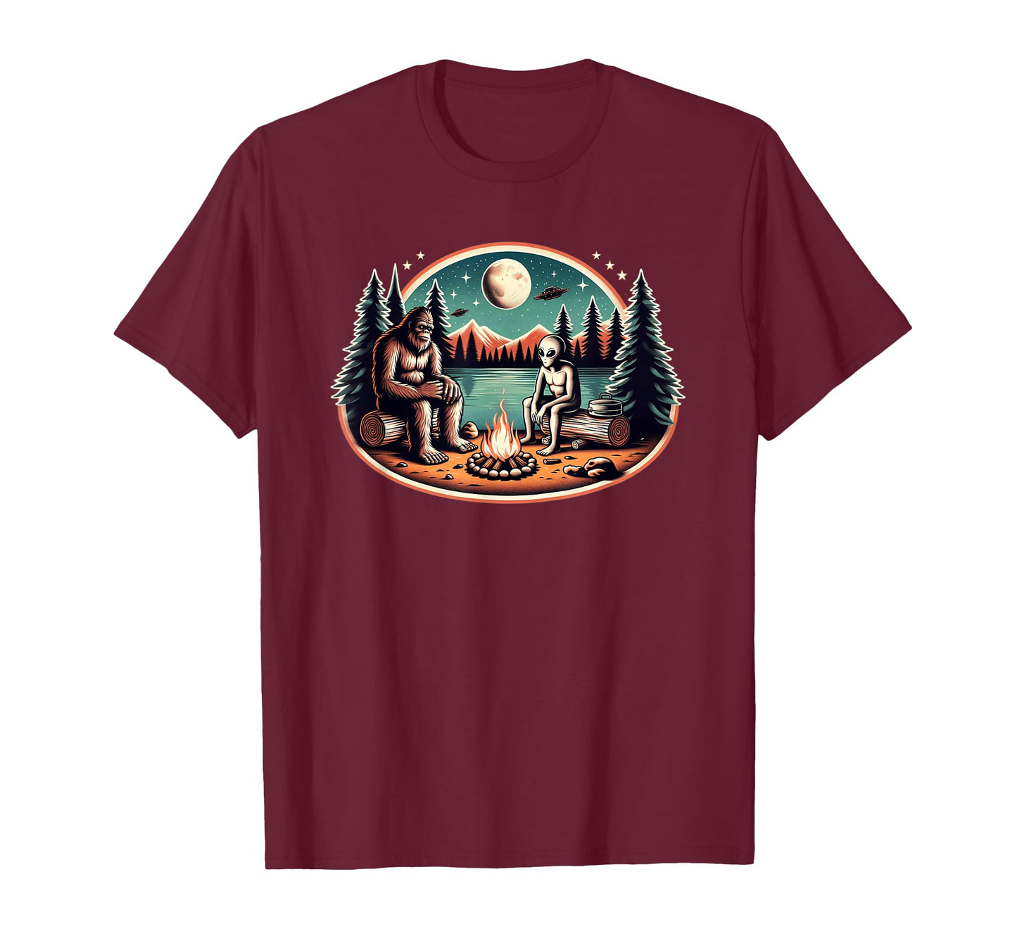 Bigfoot and Alien Campfire UFO Forest Night T-Shirt