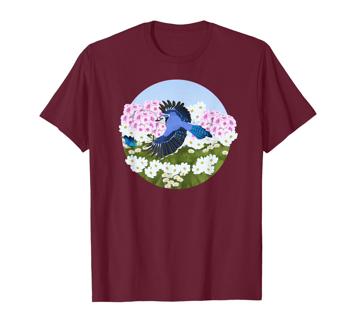 Blue Jay Summer Flowers Bird Watching Biologist Birder T-Shirt