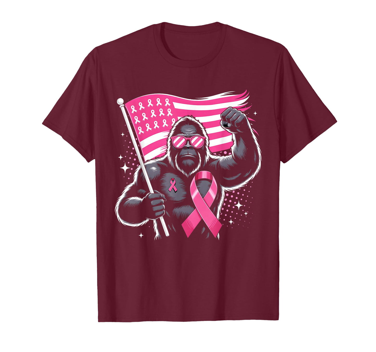 Bigfoot Pink Ribbon USA Flag Breast Cancer Awareness T-Shirt