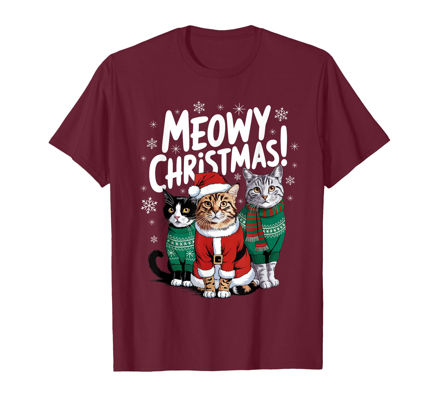 Meowy Christmas Funny Cat Christmas Holiday Xmas Santa Hat T-Shirt for Men Women Kids