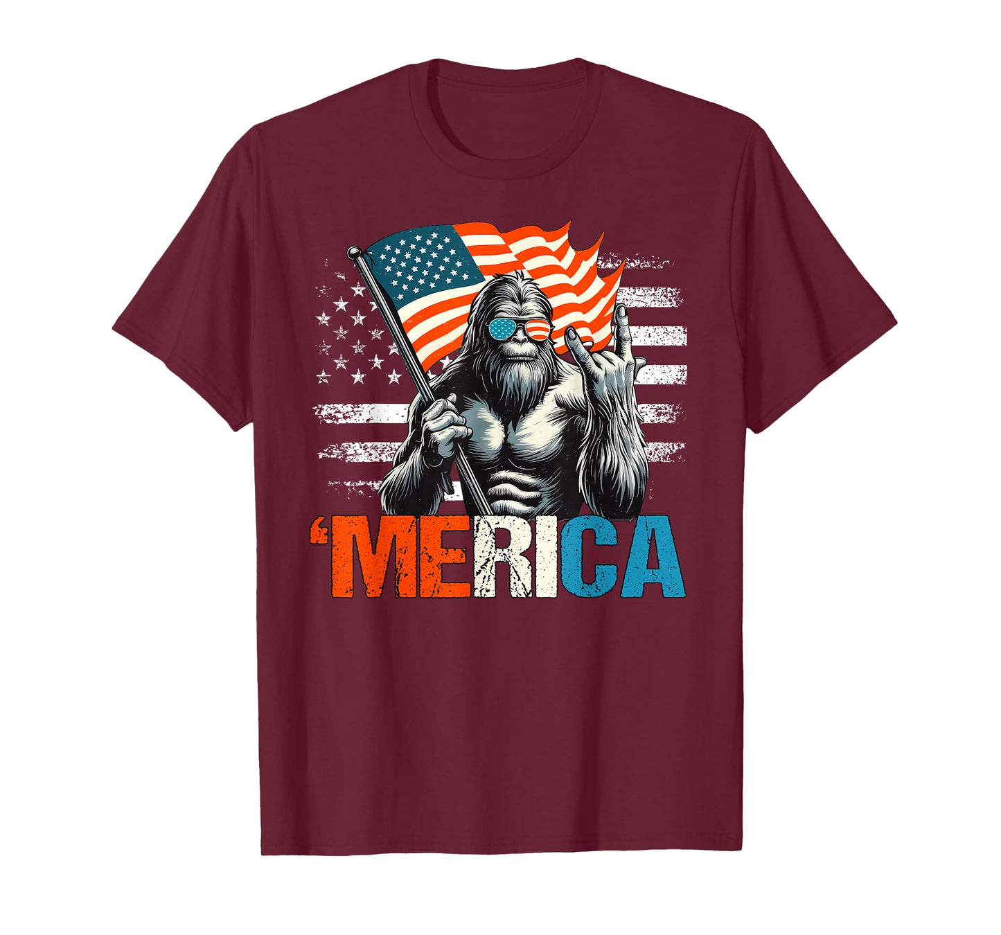 Bigfoot Merica Rock American Flag Patriotic Sasquatch 4th Of T-Shirt