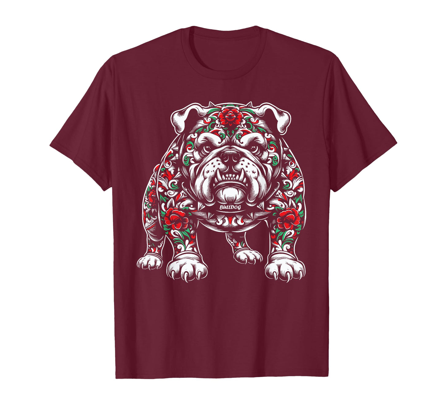 Bulldog Floral Red Rose Mens Womens T-Shirt