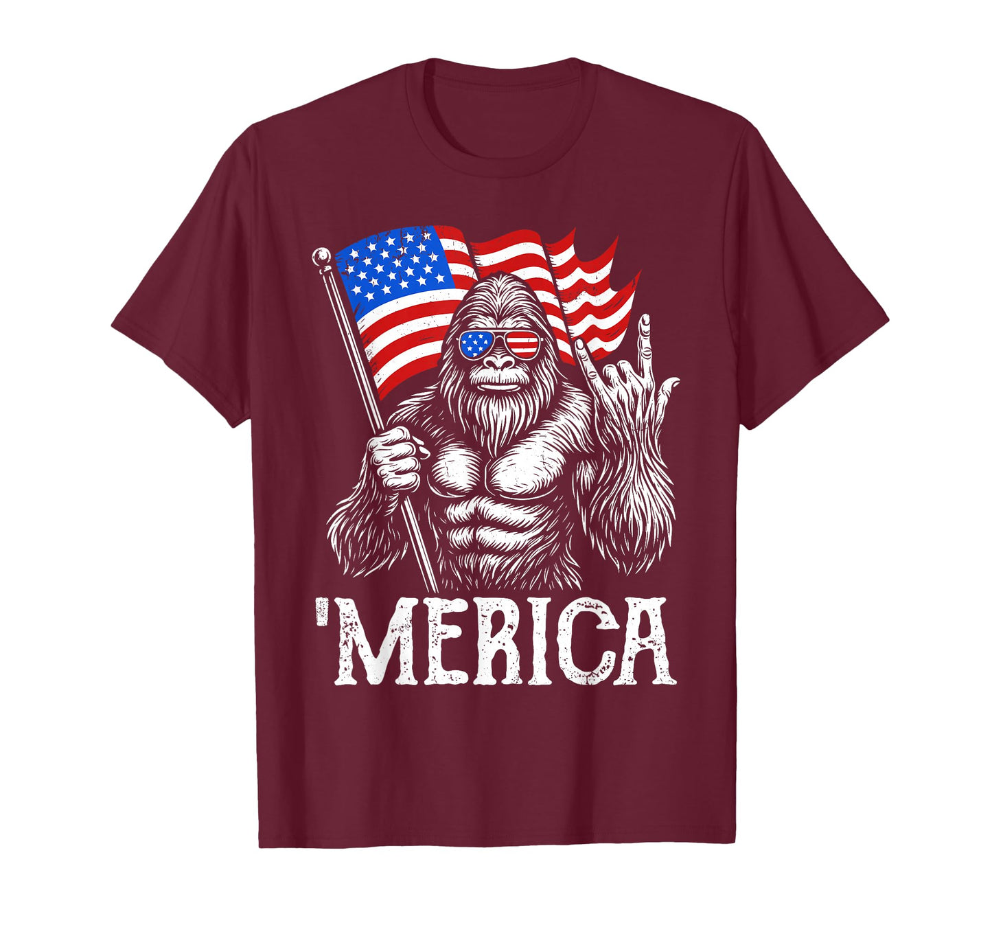 Bigfoot Merica Rock American Flag Patriotic 4th Of July T-Shirt