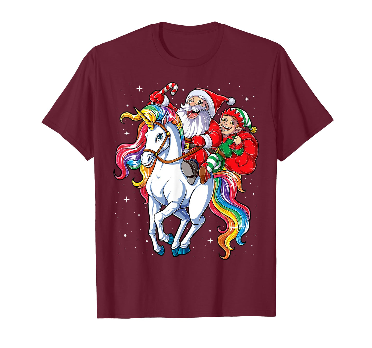 Christmas Santa Elf Riding Unicorn Xmas Girls Women Rainbow T-Shirt