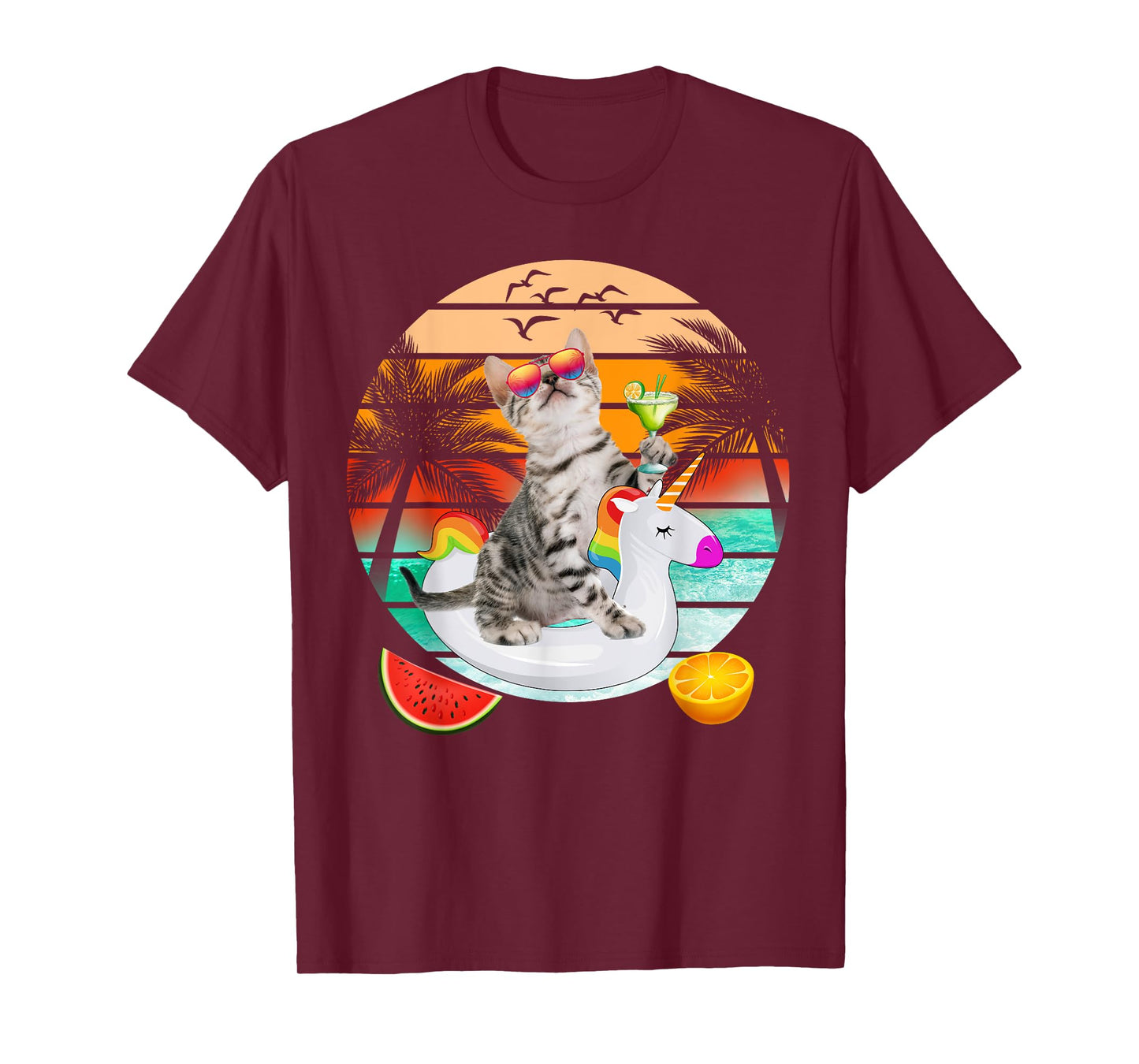 Cute Cat With Margarita & Unicorn Float Kitten Summer Vibes T-Shirt
