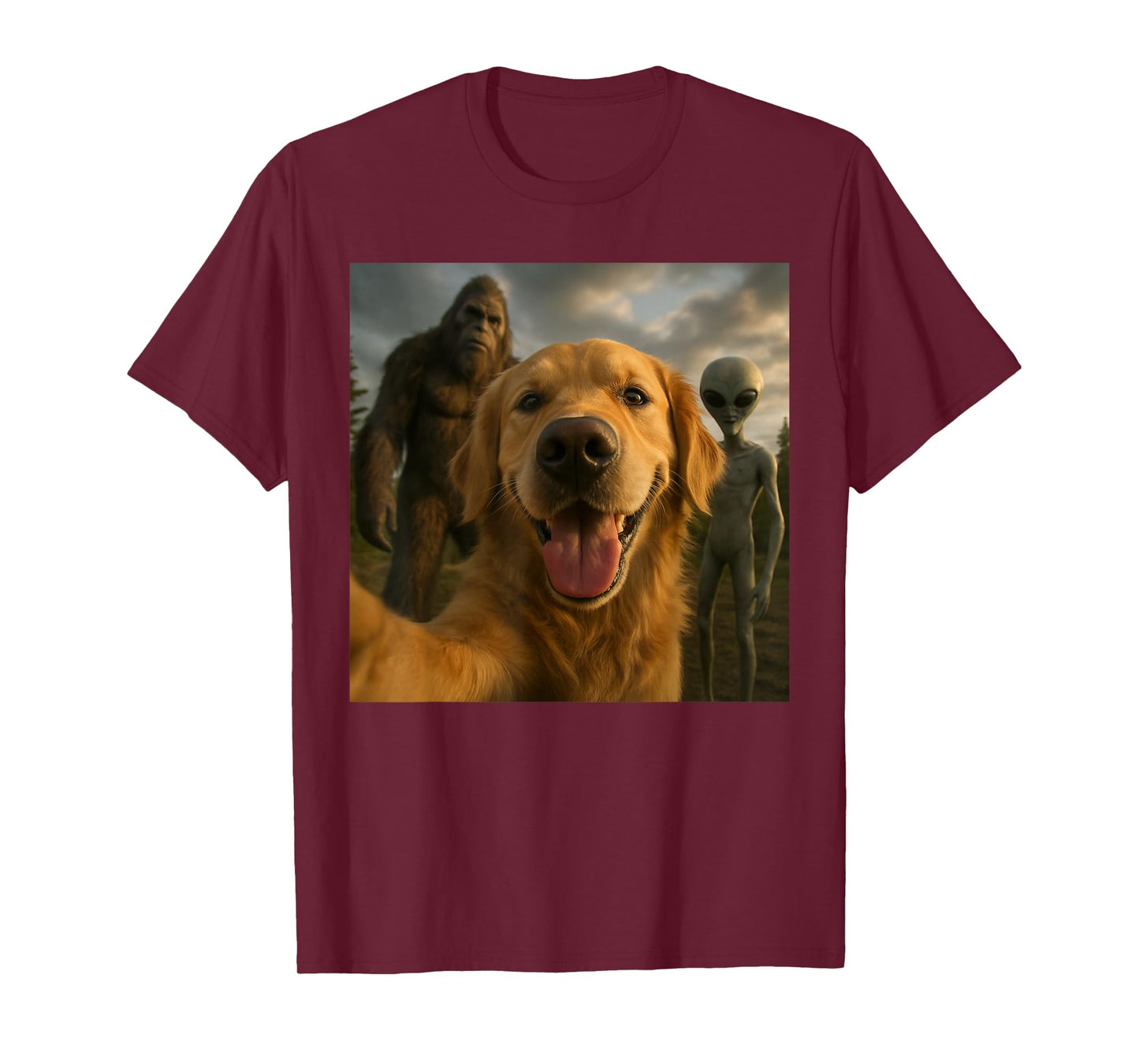 Funny Golden Retriever Dog Selfie with Alien & Bigfoot T-Shirt