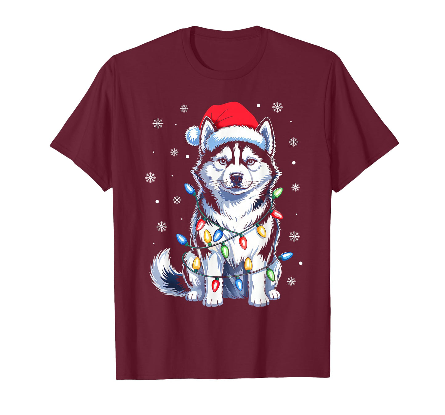 Husky Dog Christmas Lights Santa Hat Family Xmas Pajamas T-Shirt
