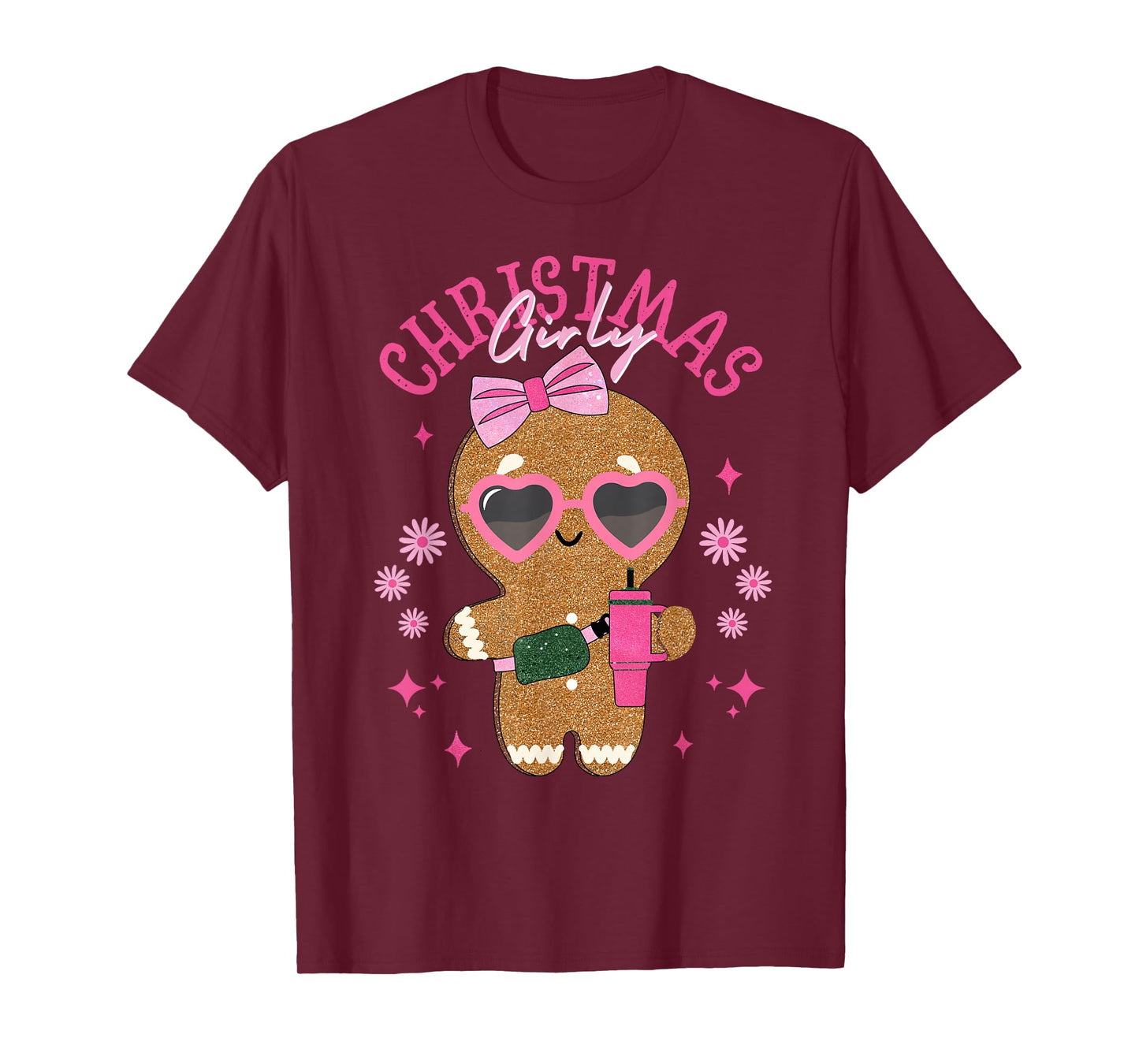 Coquette Bow Pink Gingerbread Christmas Girly Xmas Holiday T-Shirt