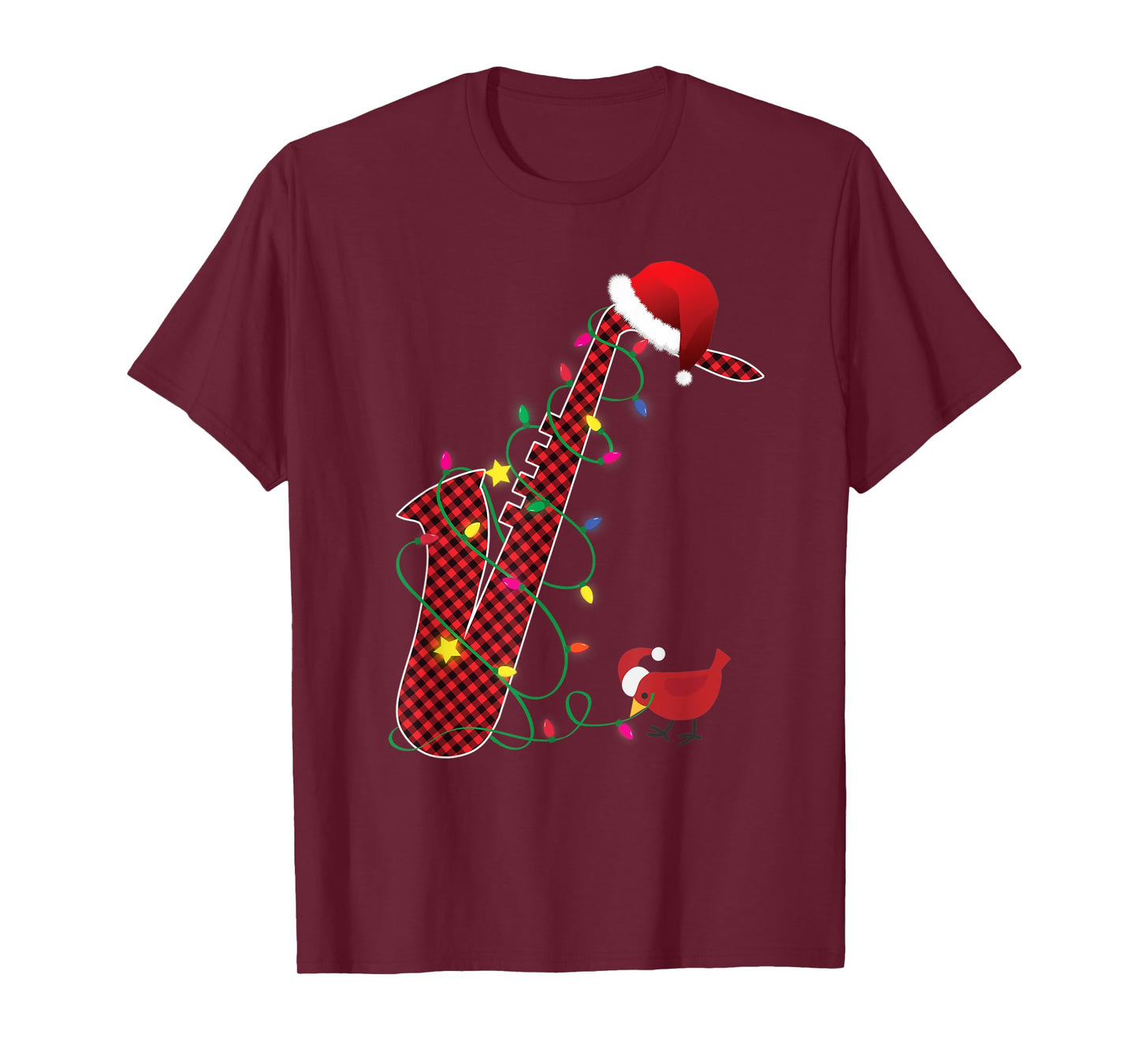 Red Buffalo Plaid Pajama Saxophone Lovers Christmas Lights T-Shirt