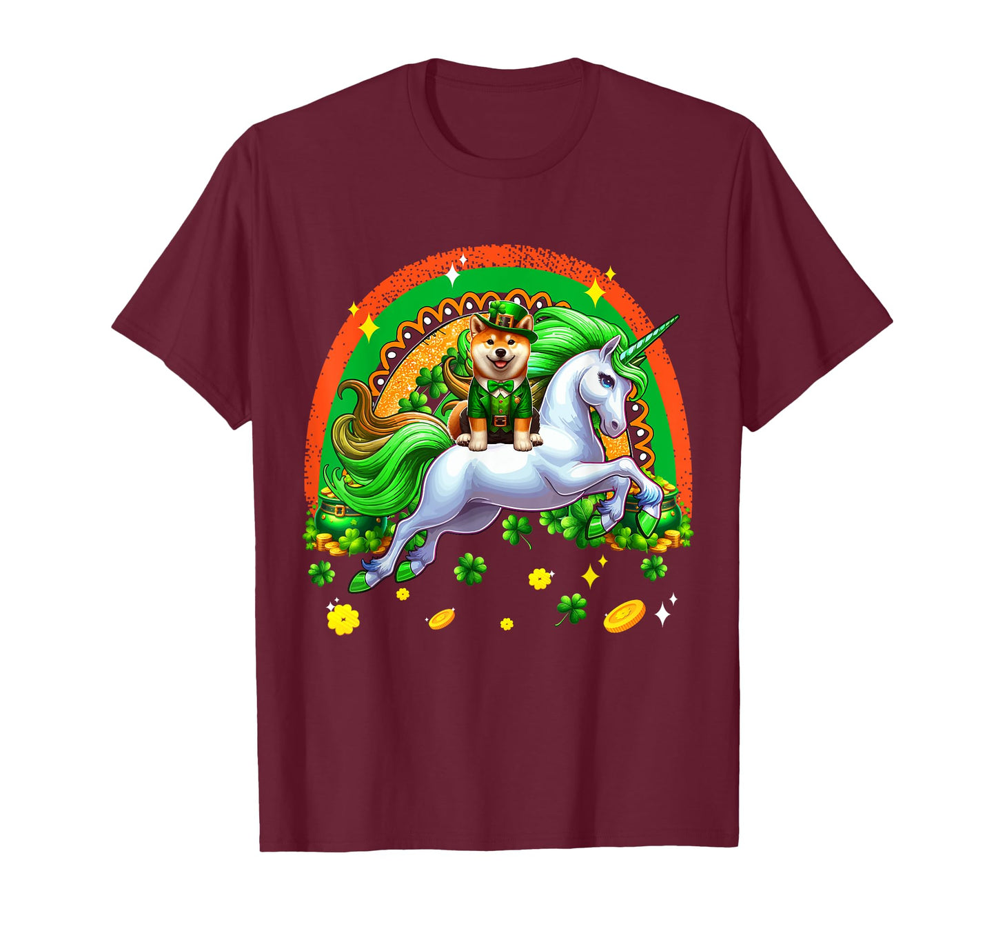 Patrick's Day Shiba Inu Riding Unicorn Shamrocks Rainbow T-Shirt