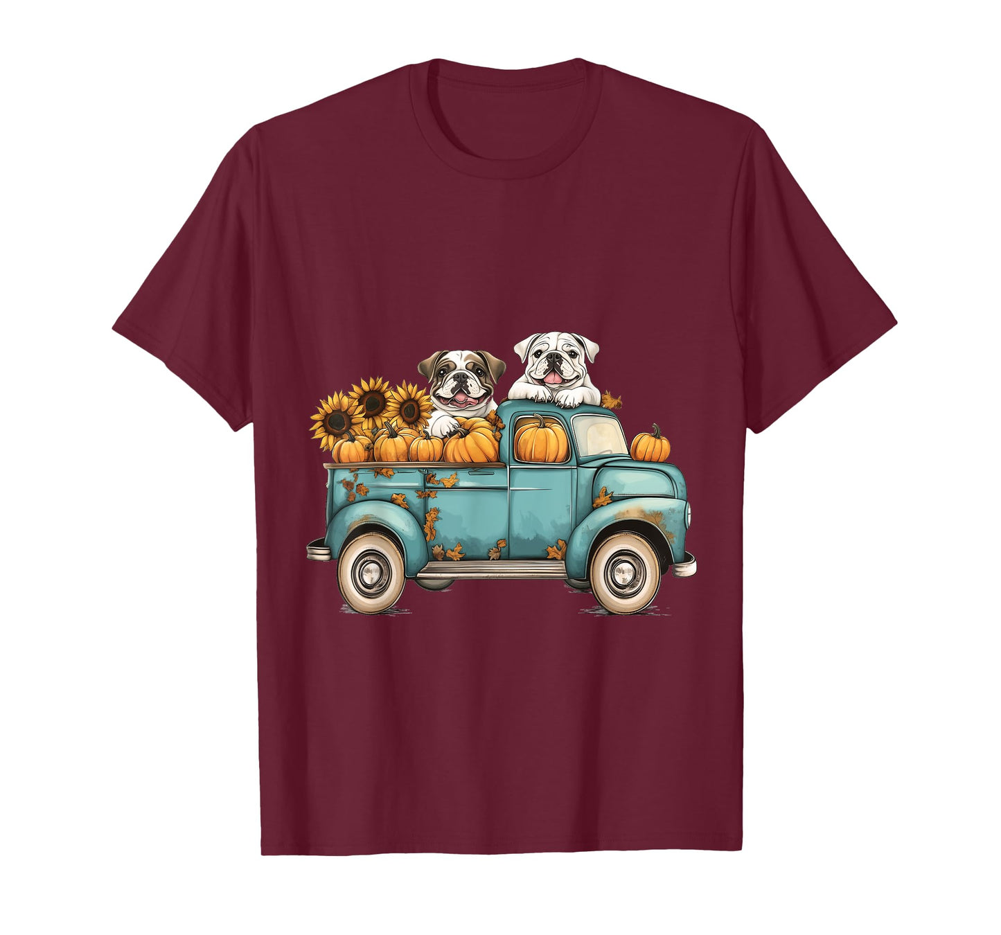 Cute Autumn English Bulldogs Pumpkins Sunflowers Fall Dogs T-Shirt