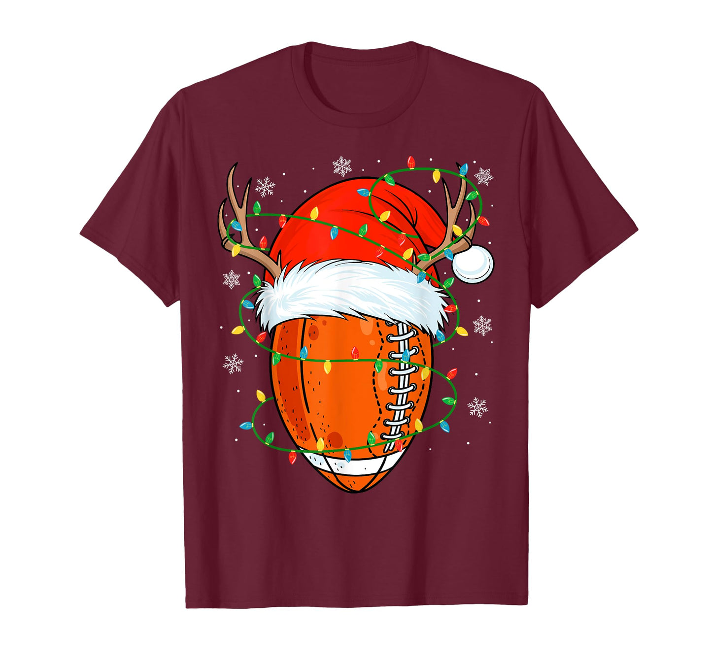 Santa Football Ball Xmas Lights Christmas Football Player T-Shirt