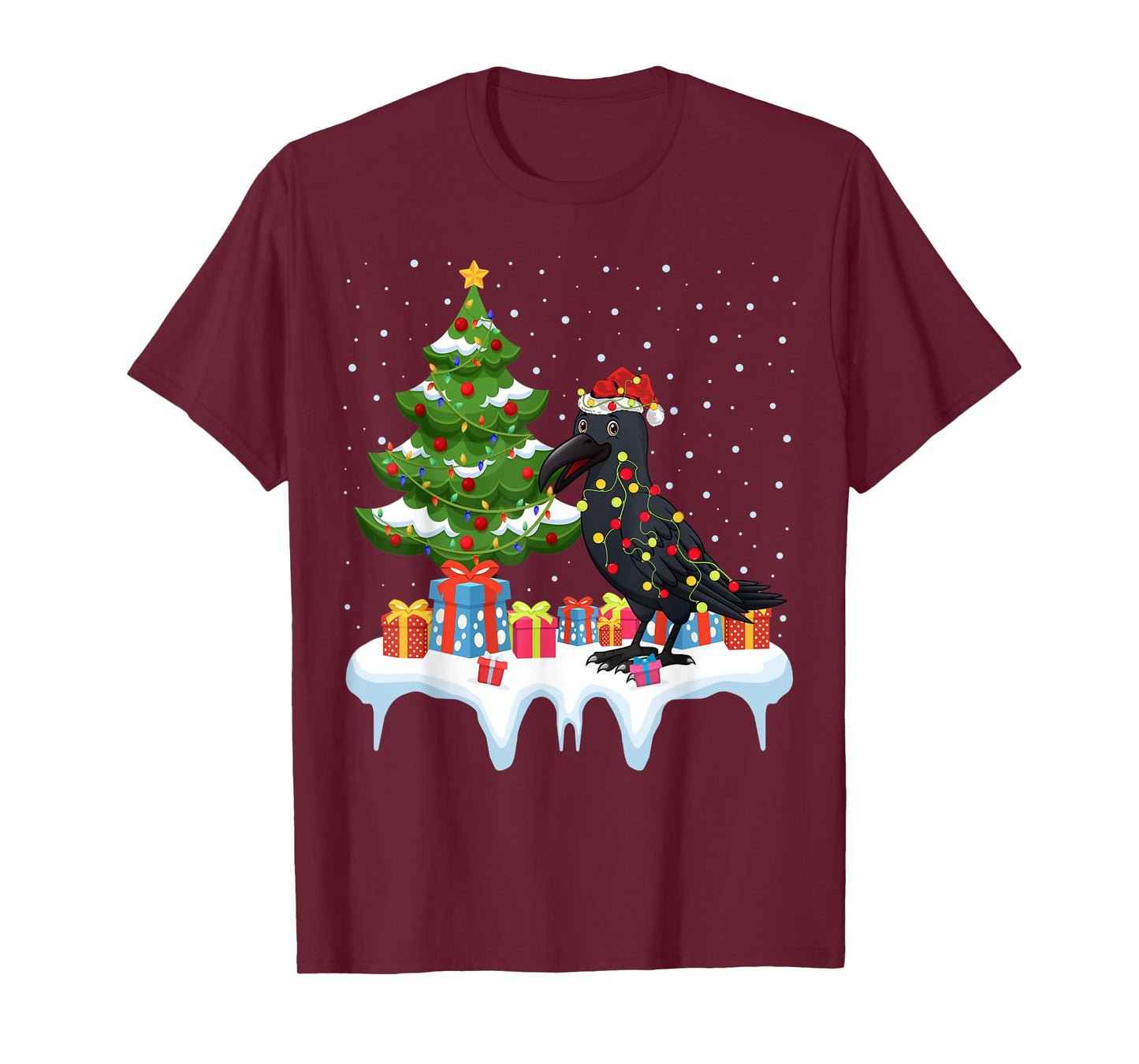Xmas Lighting Tree Santa Hat Raven Christmas T-Shirt
