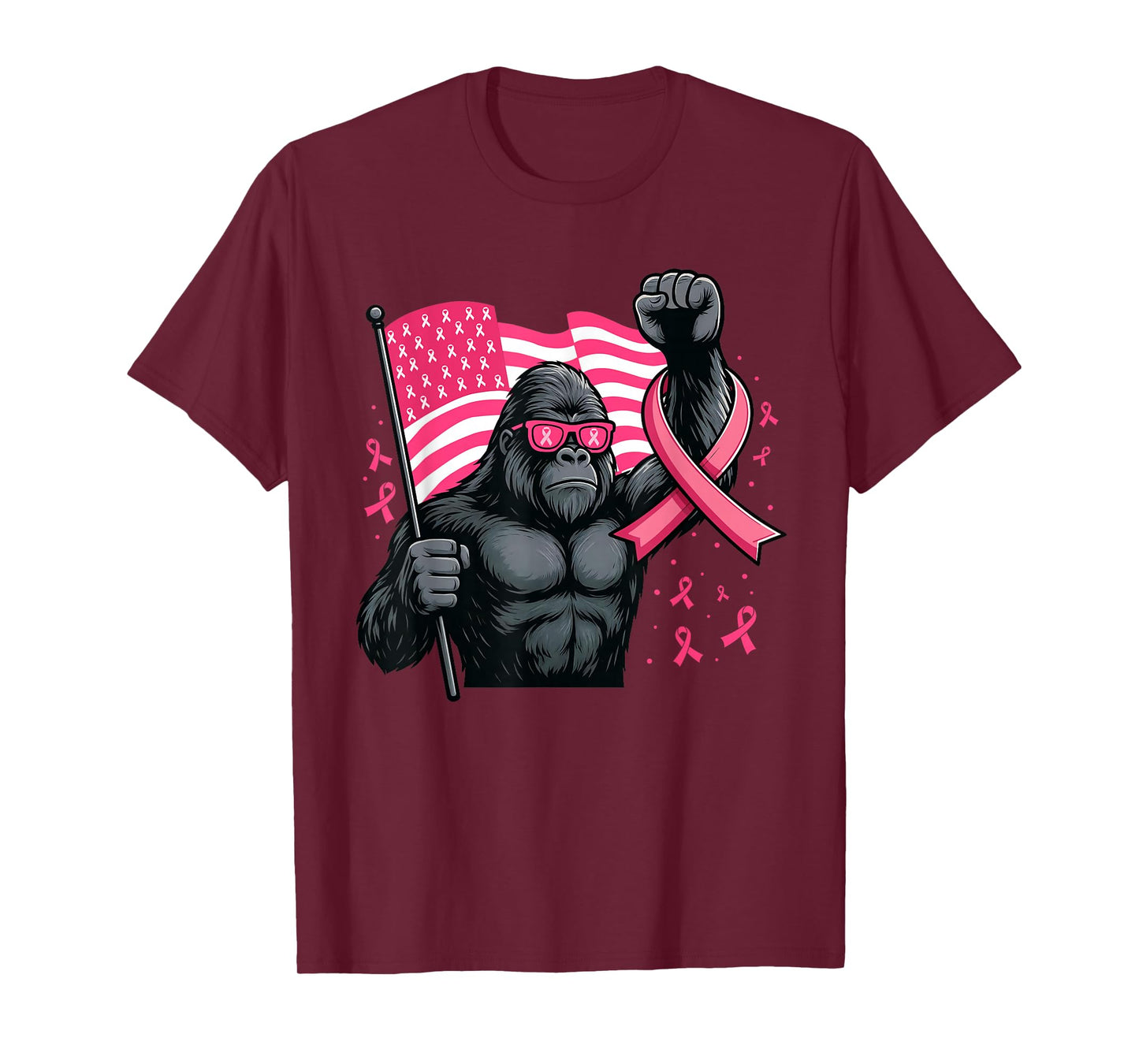 Bigfoot Pink Ribbon Flag Sasquatch Breast Cancer Awareness T-Shirt