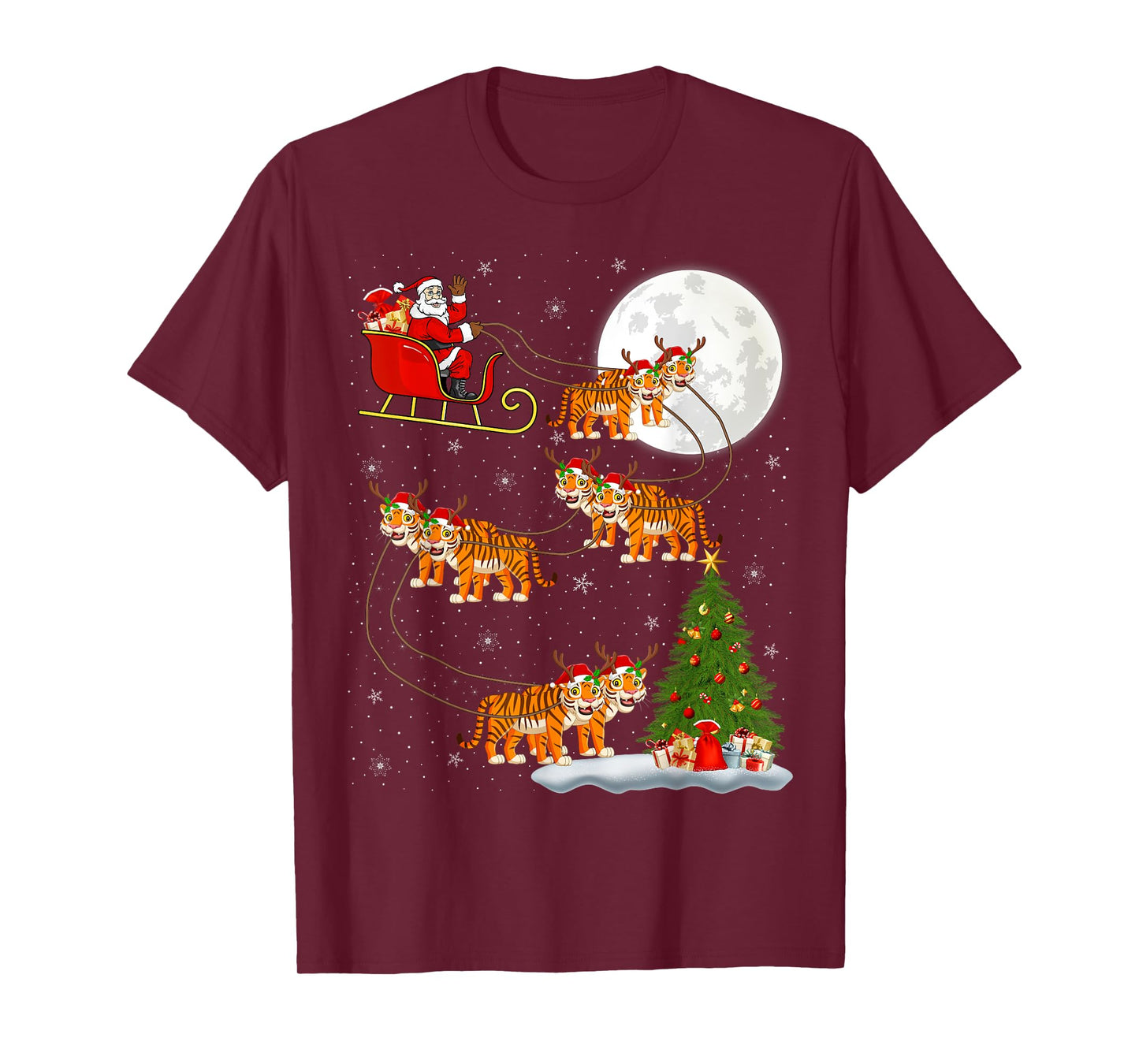 Xmas Tree Lights Funny Santa Riding Tiger Christmas T-Shirt