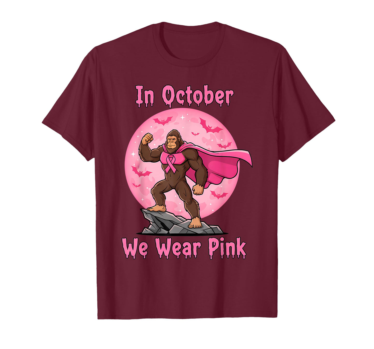 in October We Wear Pink Bigfoot Halloween Breast Cancer T-Shirt