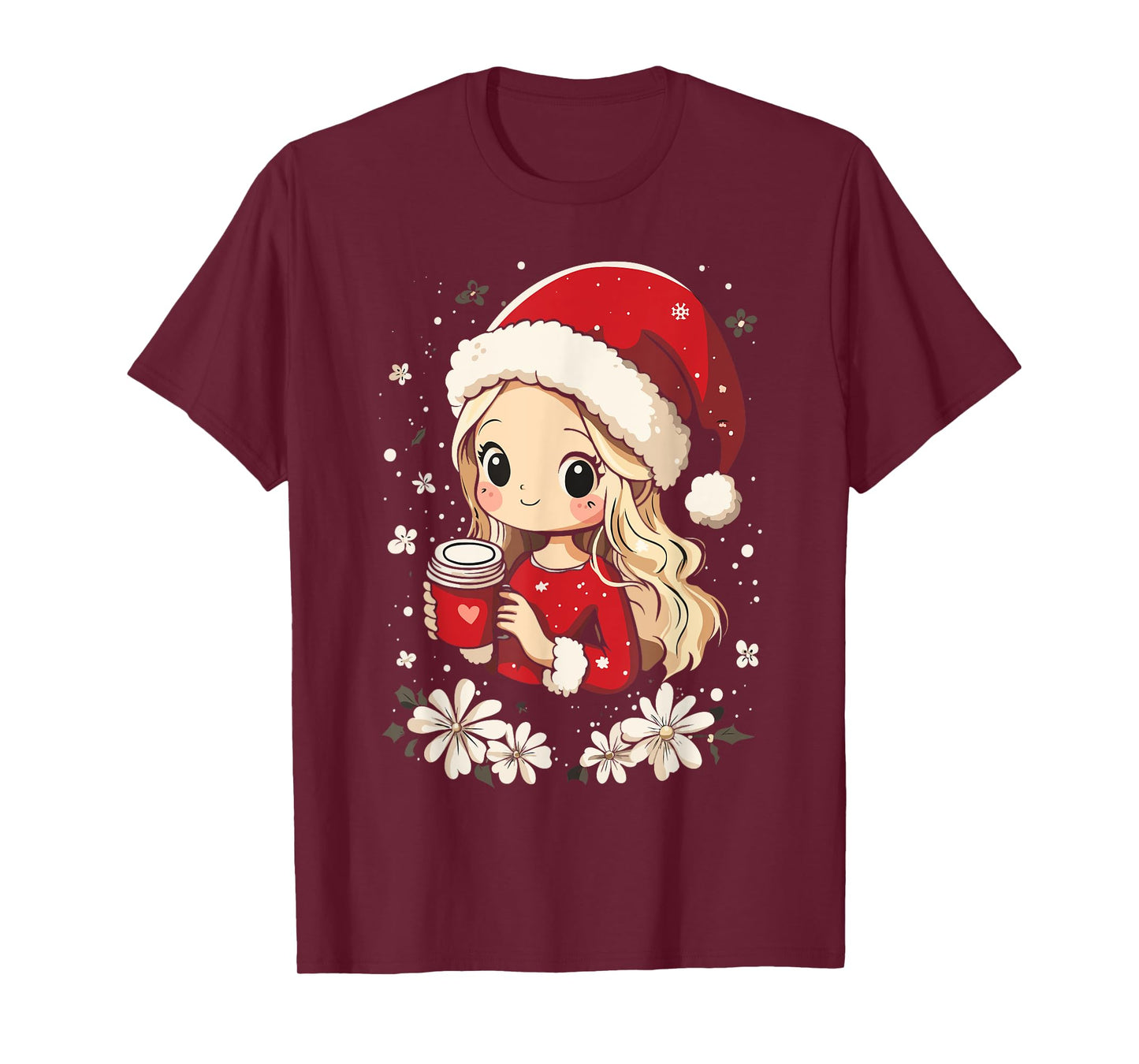 Christmas Santa Girl Coffee Flower Kids Santa Women Xmas T-Shirt