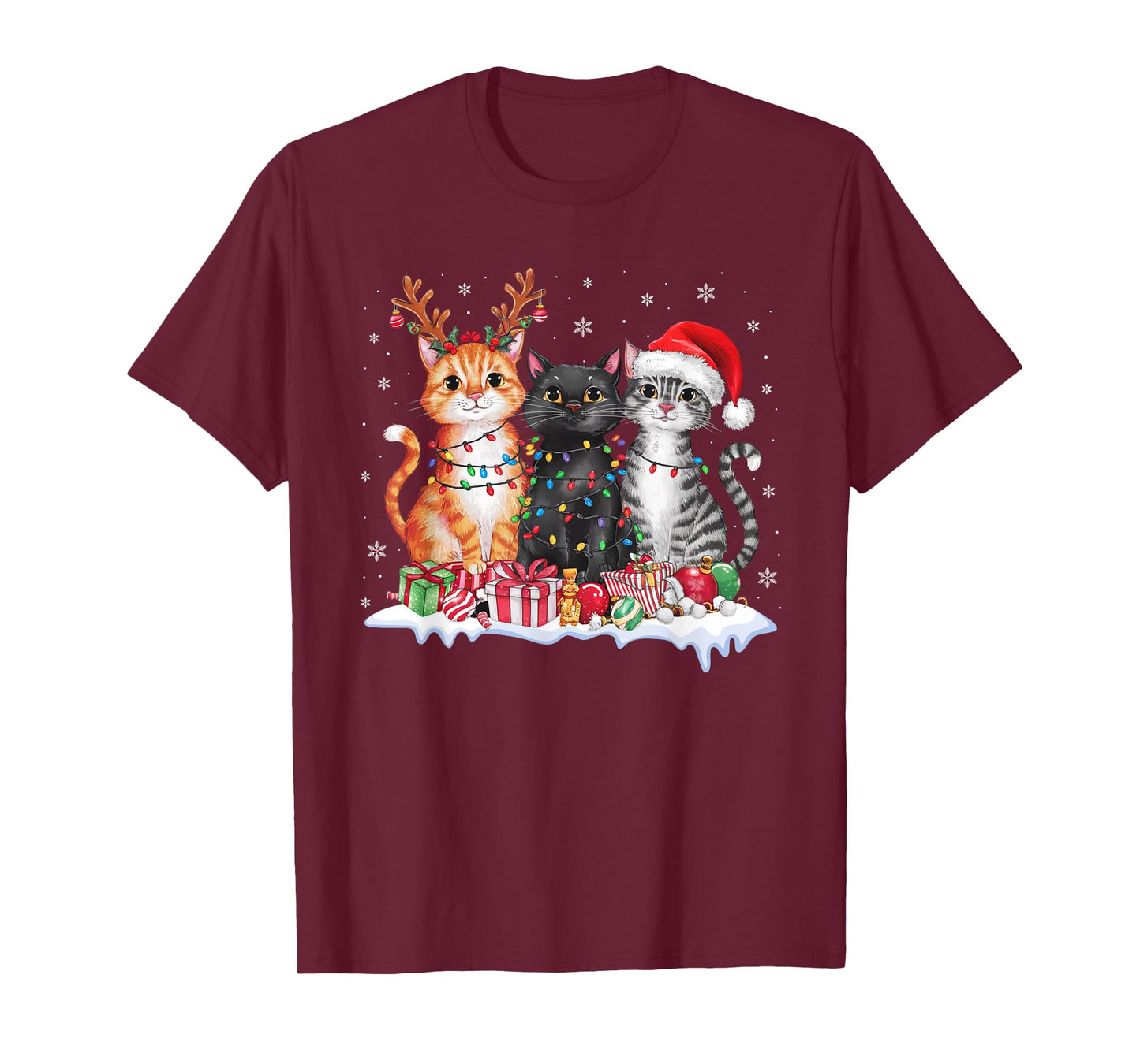 Santa Cat Christmas Light Reindeer Pajama Cat Lover T-Shirt for Men Women Kids
