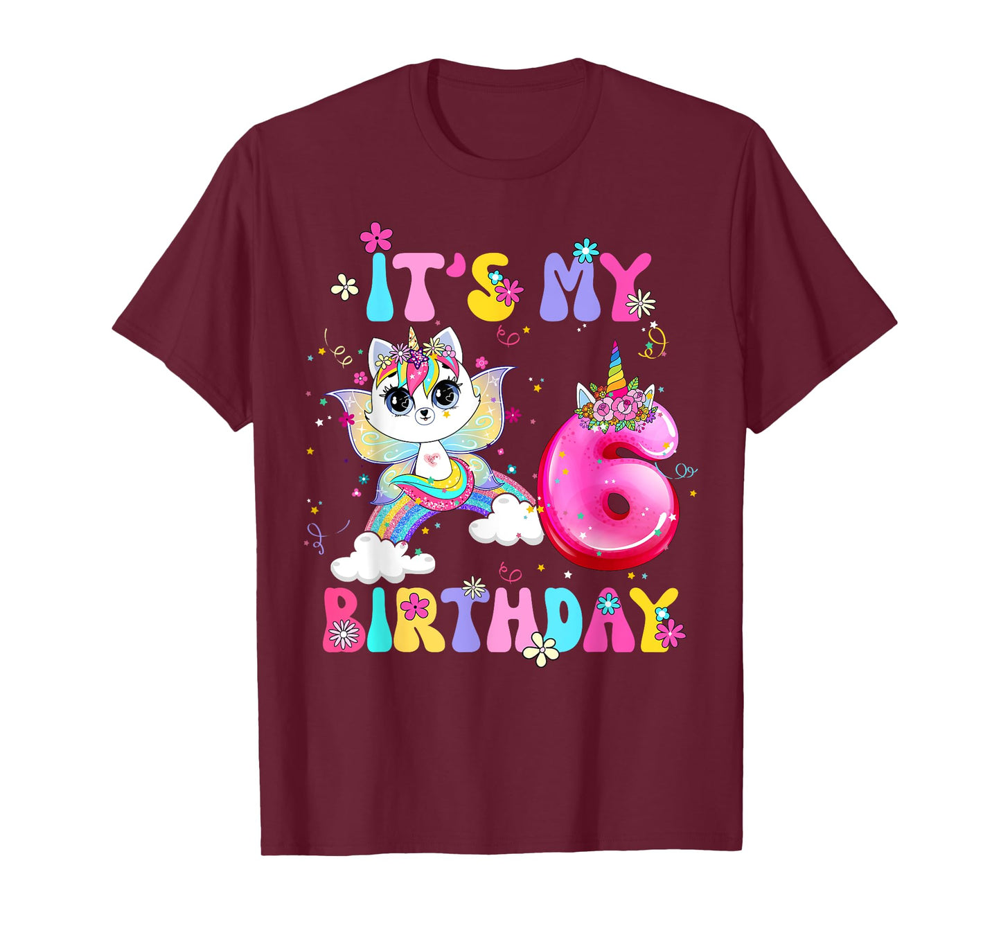 Kids 6th Birthday Cat Unicorn 6 Years Old Rainbow Girl Teens T-Shirt
