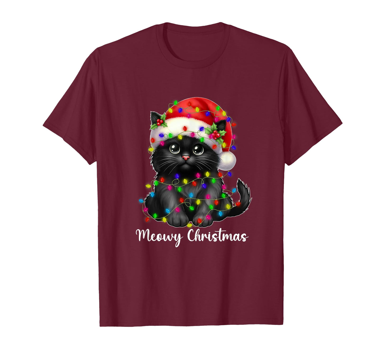 Meowy Christmas Lights Funny Family Black Cat Xmas Matching T-Shirt