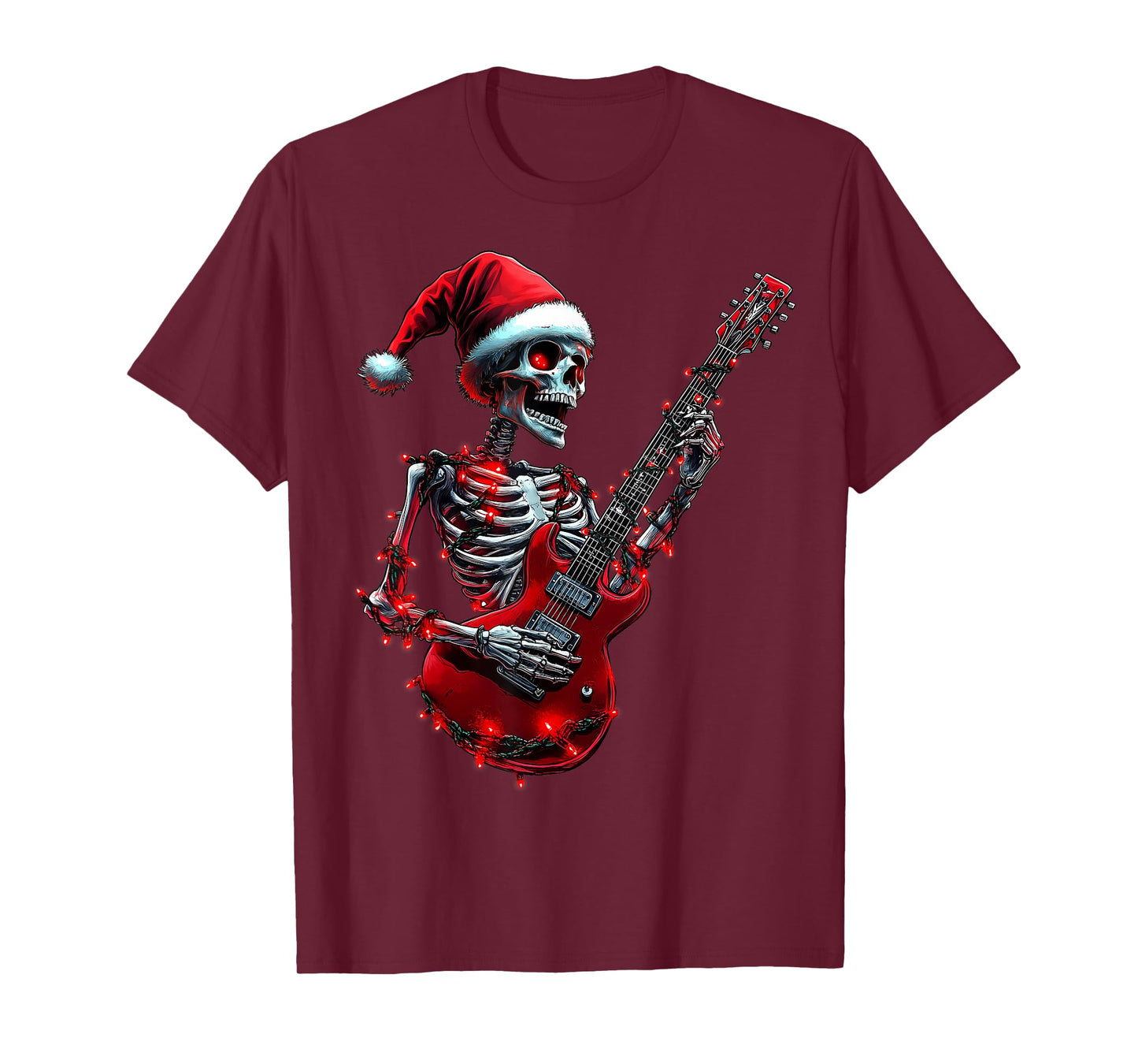 Christmas Skeleton Skull Playing Guitar Rock & Roll Music T-Shirt