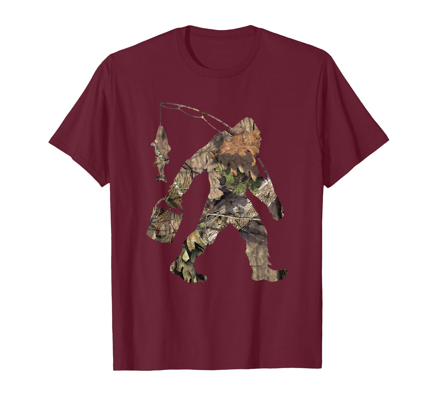 Fishing Bigfoot Carrying Fishing Pole Camo Sasquatch T-Shirt