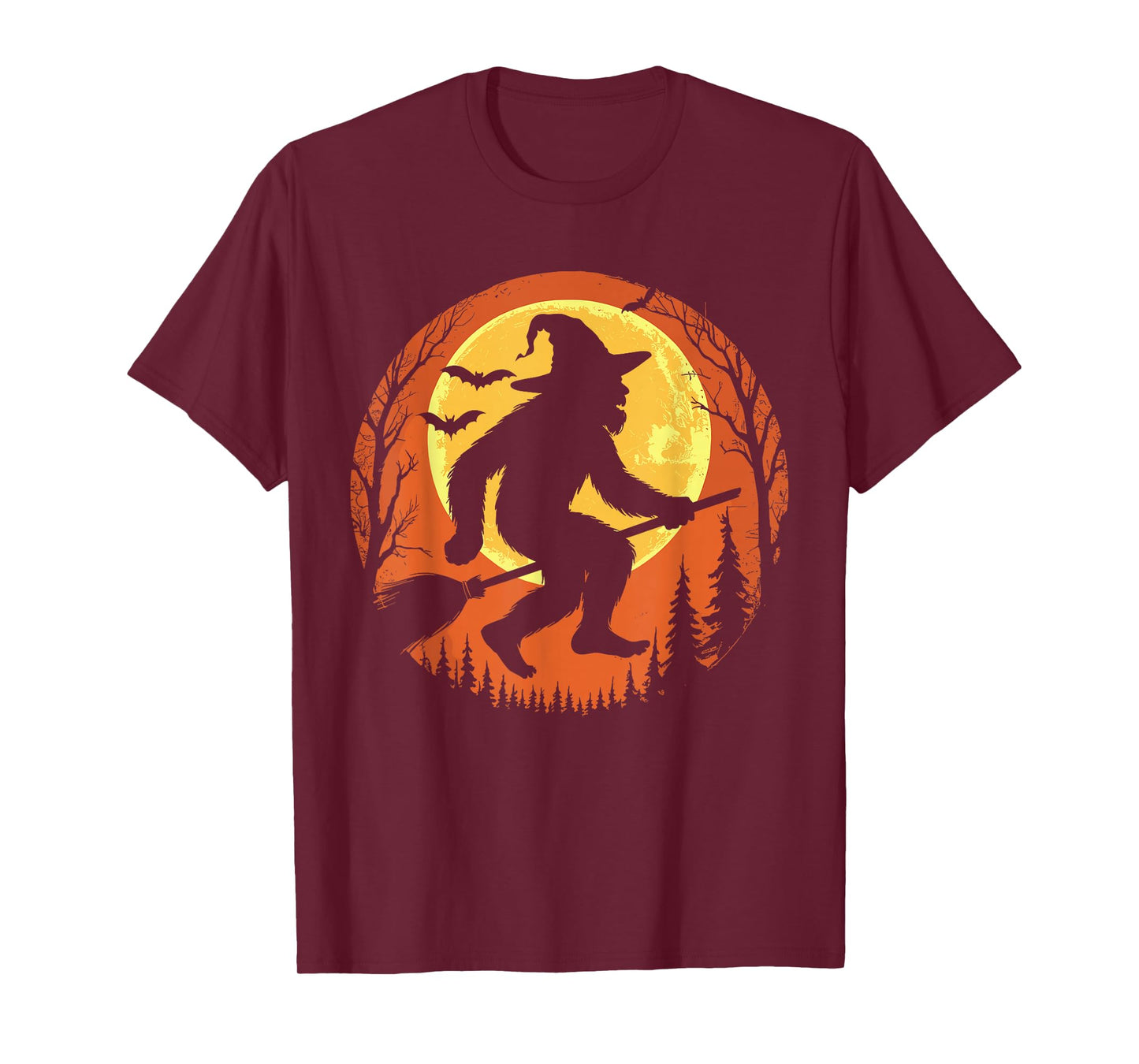 Funny Bigfoot Halloween Spooky Sasquatch Witch Hat Broom T-Shirt