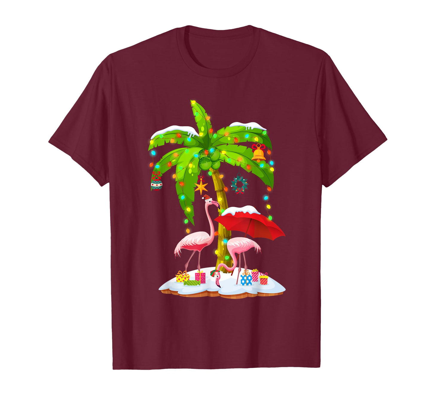 Flamingo Santa hat Palm tree Merry Christmas lights T-Shirt