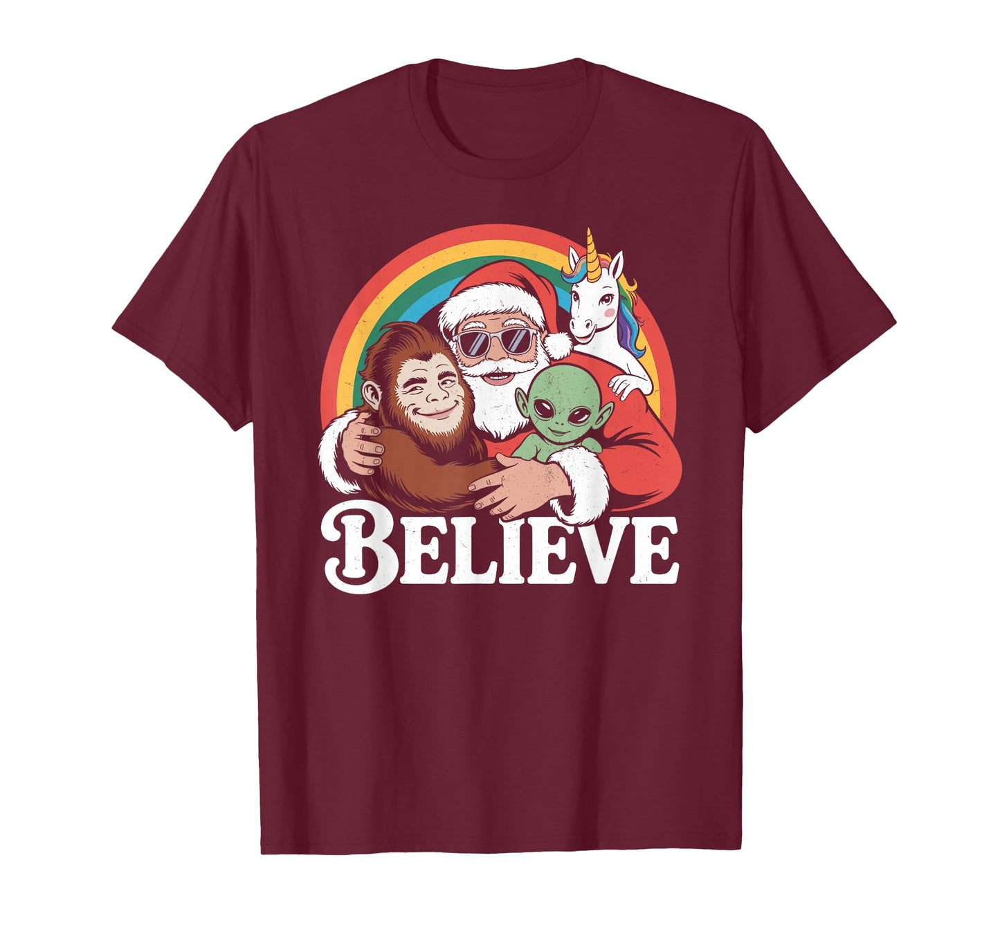 Believe Santa Bigfoot Alien Unicorn Funny Christmas T-Shirt