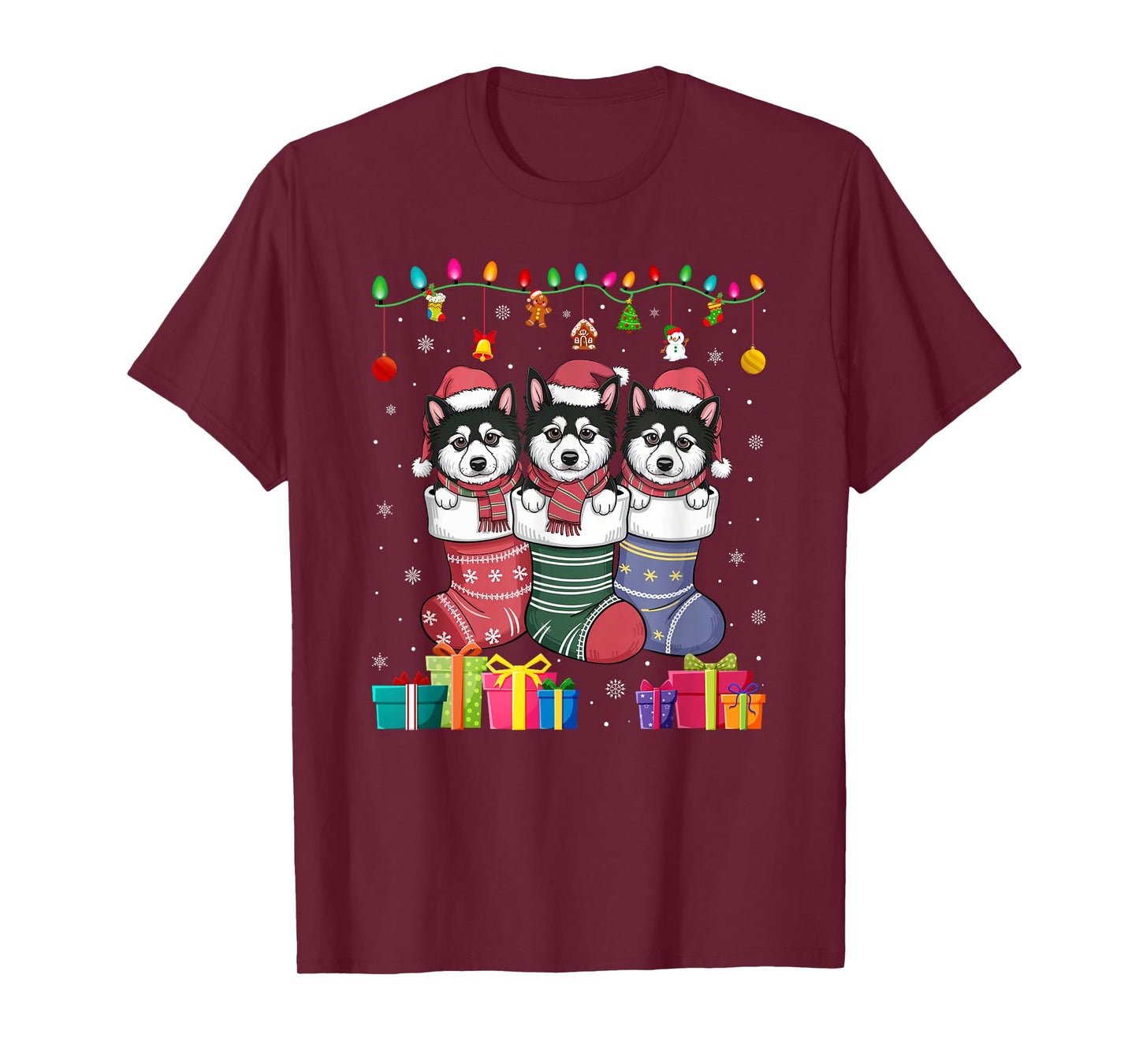 Three Alaskan Klee Kai Dog in Sock Funny Boys Girls Xmas T-Shirt
