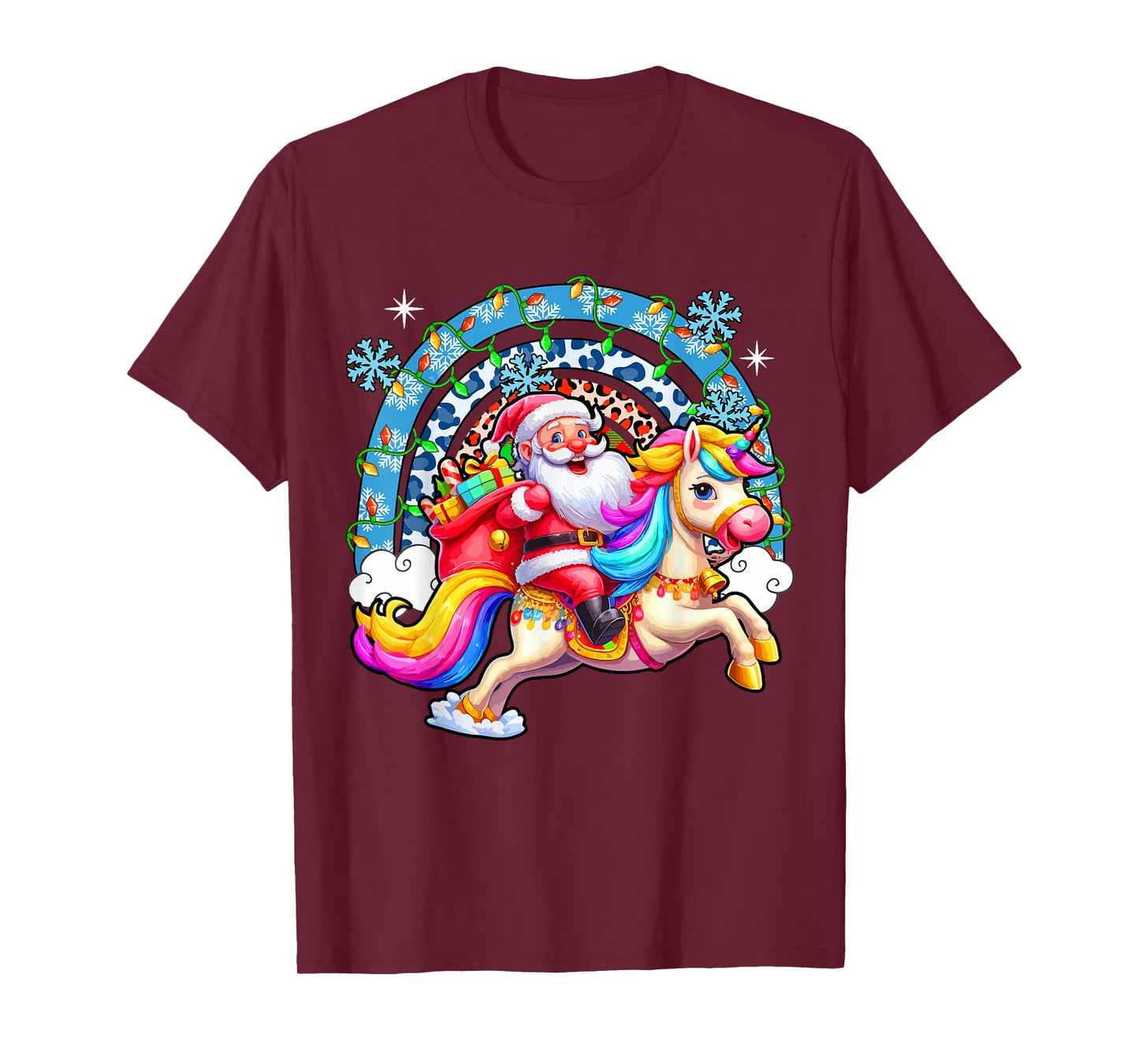 Santa Riding Colourful Unicorn Christmas Rainbow Xmas Lights T-Shirt