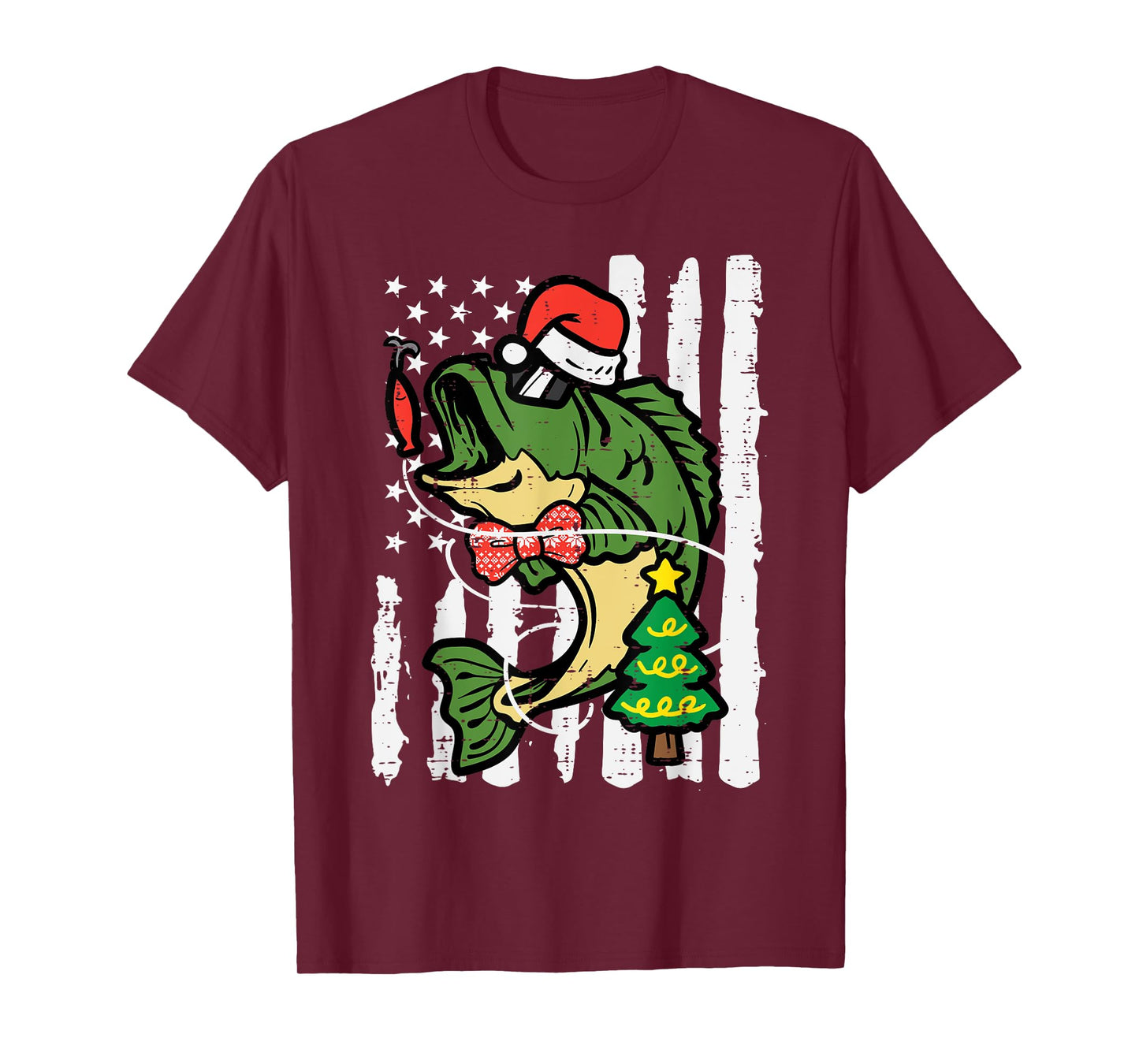 Christmas Bass Fish US Flag Xmas Patriot Men Boys Kids Women T-Shirt