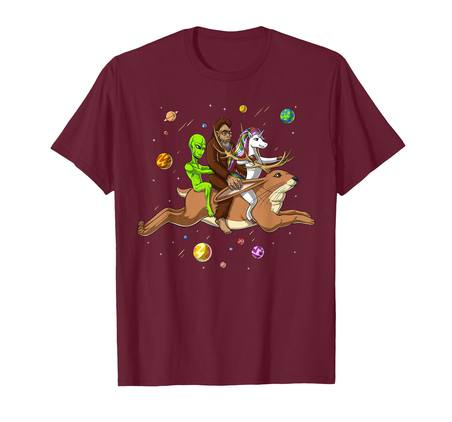 Space Alien Bigfoot Unicorn Riding Jackalope Cryptozoology T-Shirt