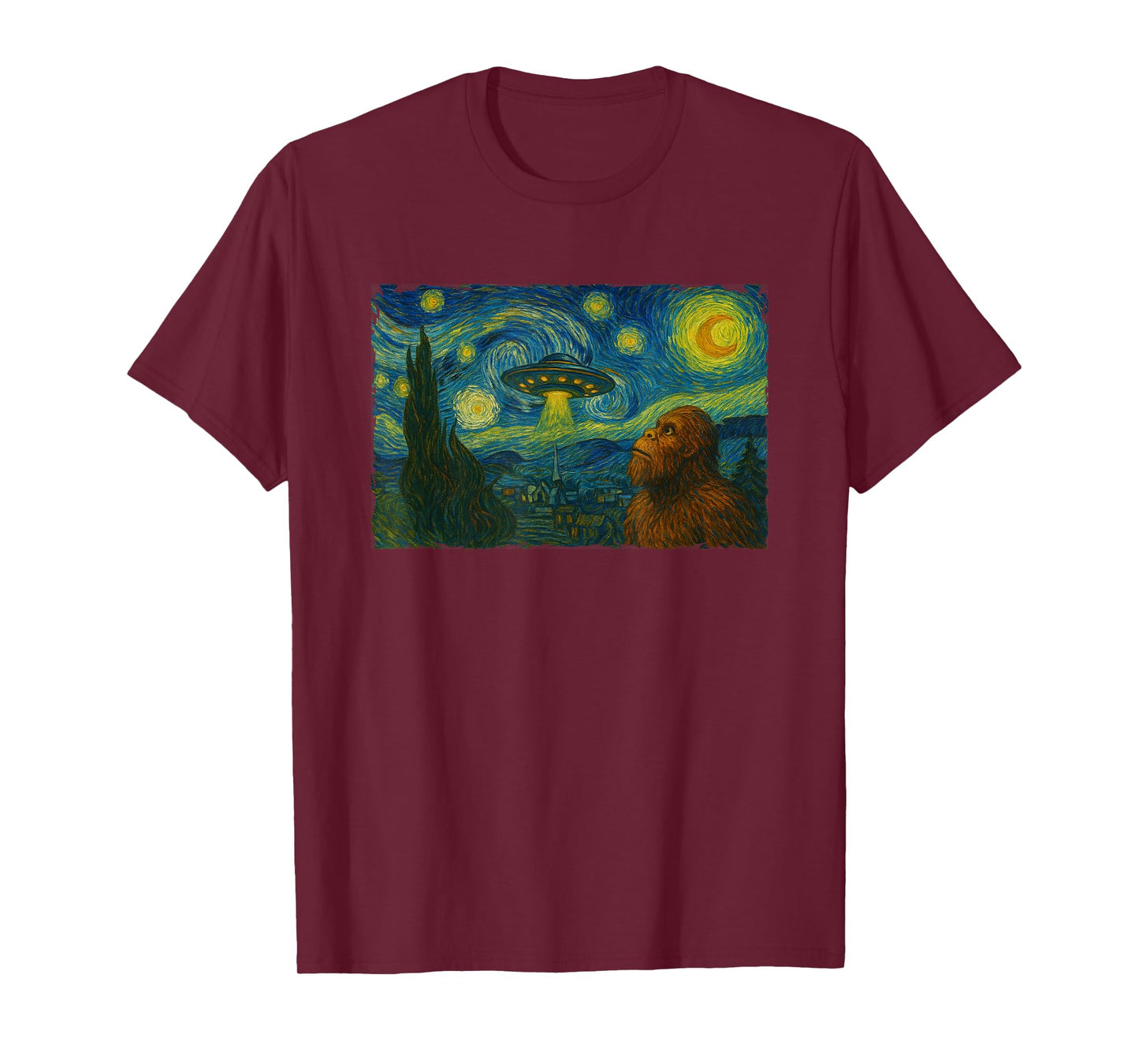 Starry Night UFO Bigfoot Funny Sci-Fi Van Gogh Painting T-Shirt