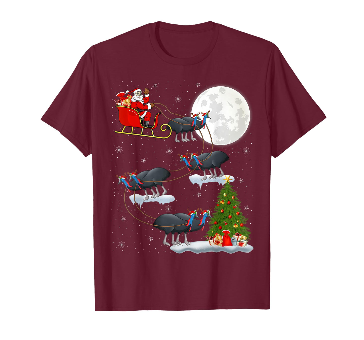 Funny Xmas Lighting Tree Santa Riding Cassowary Christmas T-Shirt