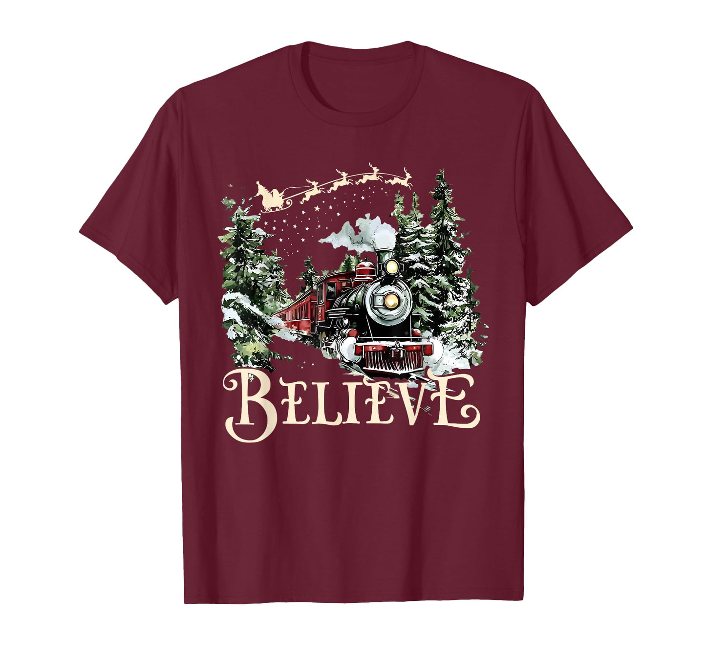 Believe Christmas Trains Xmas Santa Family Pajamas Holiday T-Shirt