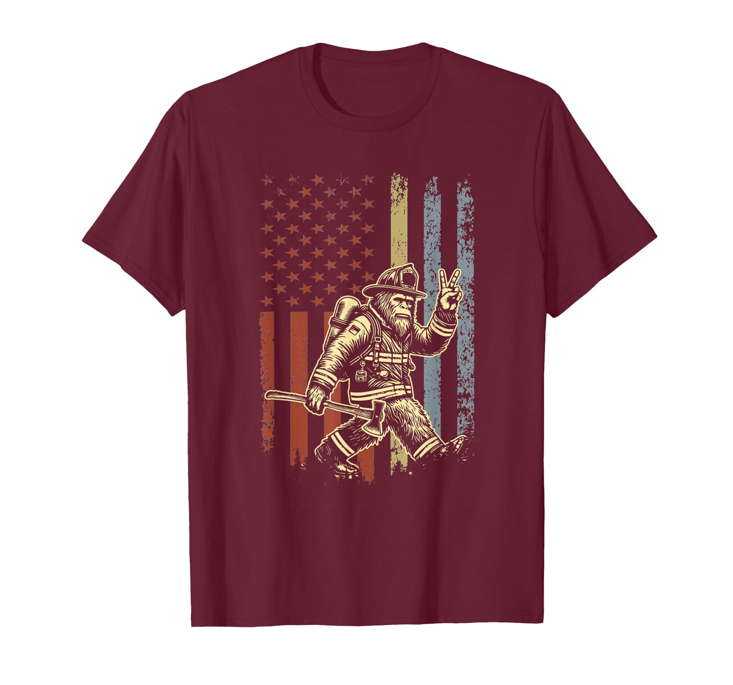 Retro American Flag Bigfoot Firefighter Sasquatch Fireman T-Shirt
