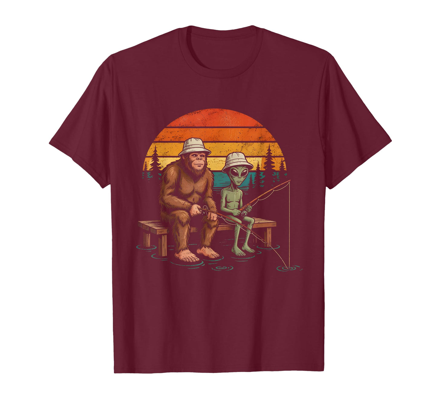 Funny Alien and Sasquatch Bigfoot Fishing Fisherman Men Boys T-Shirt