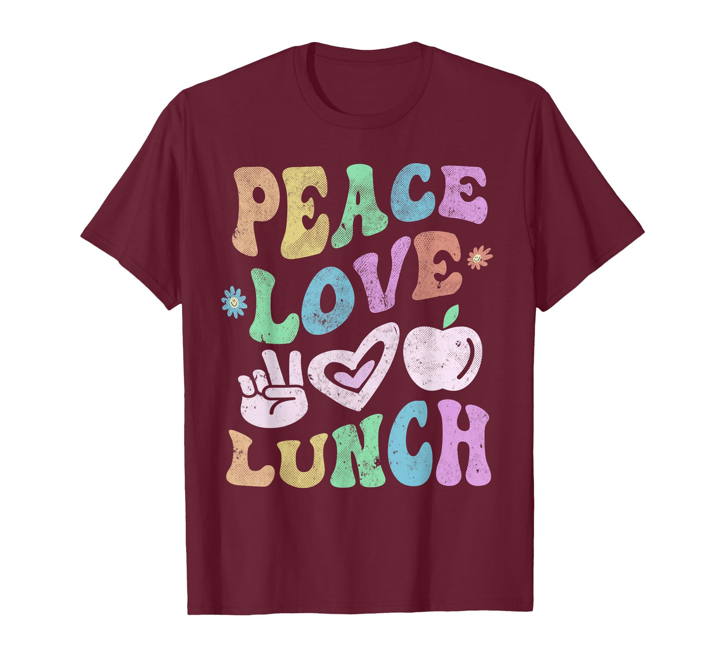 Vintage PEACE LOVE LUNCH LADY Retro Cafeteria Groovy Crew T-Shirt
