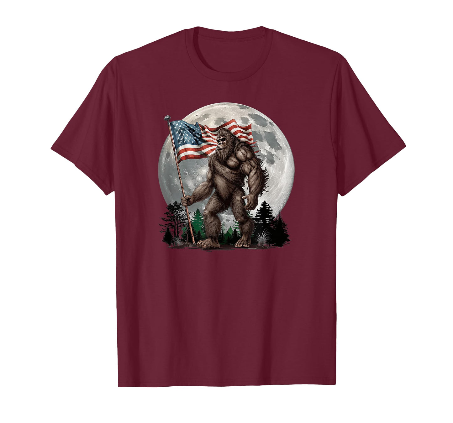Bigfoot Sasquatch - American Flag Full Moon Patriotic T-Shirt
