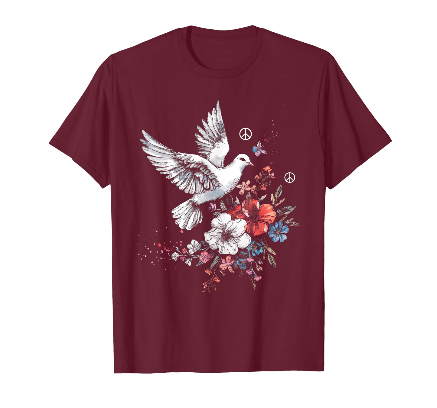 Peace Sign Dove White Pigeon Bird Vintage Flowers T-Shirt