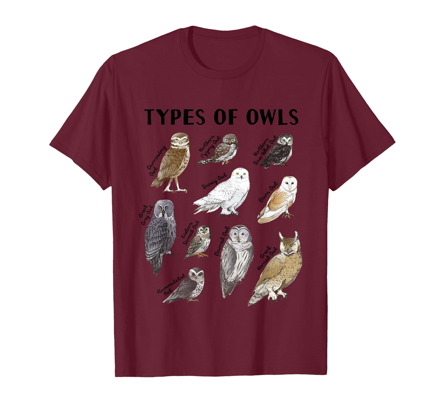 Types of Owls Educational Collection Cute Owl Lover T-Shirt