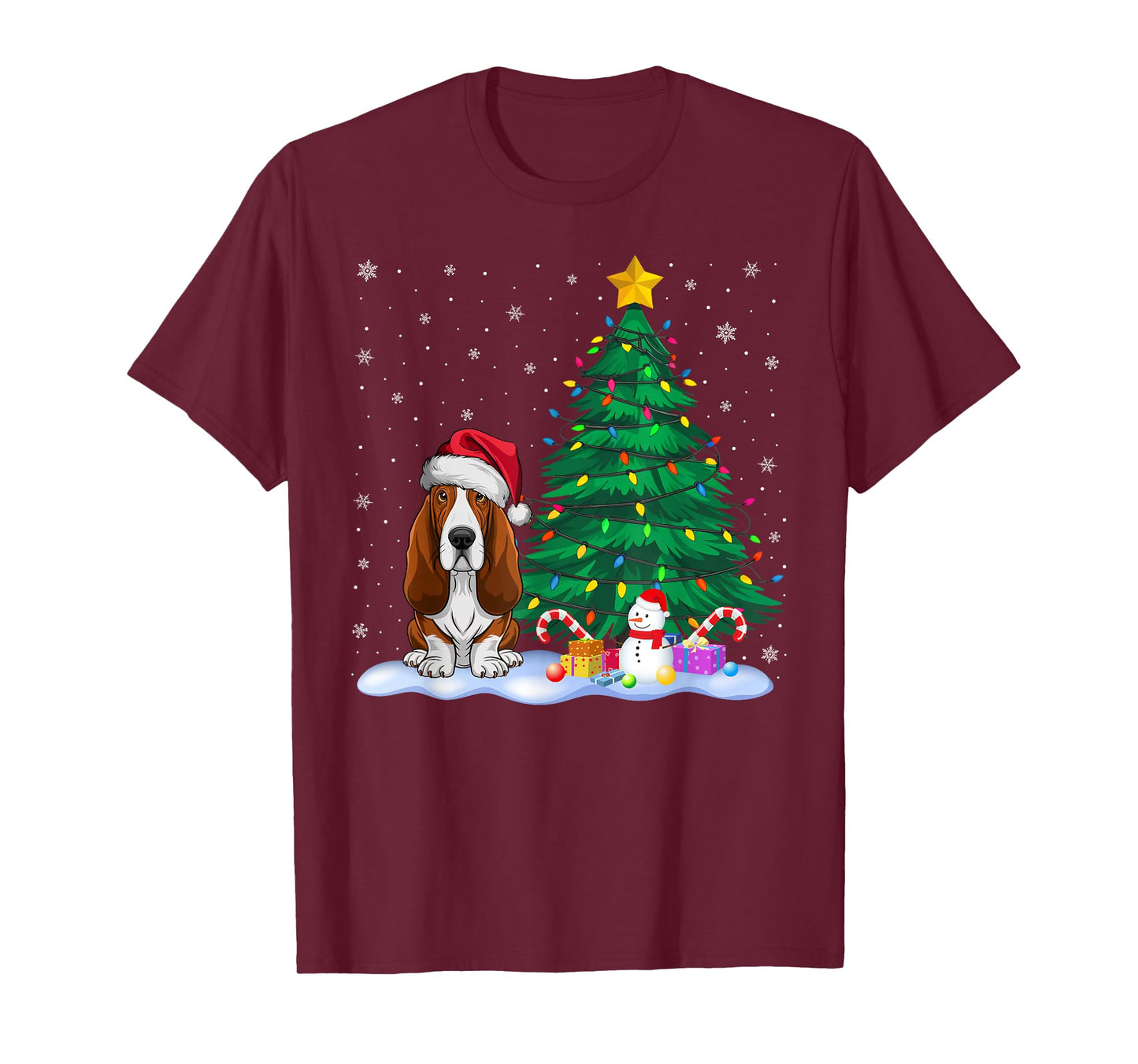 Basset Hound Dog Xmas Tree Lights Reindeer Hat Christmas T-Shirt for Men Women Kids