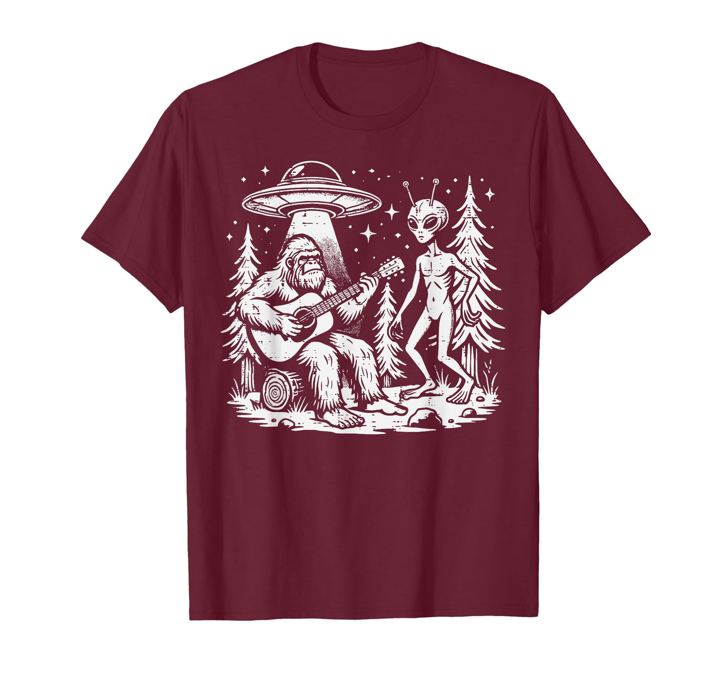 Sasquatch Guitar Alien Ufo Camping Bigfoot Women Men Kids T-Shirt