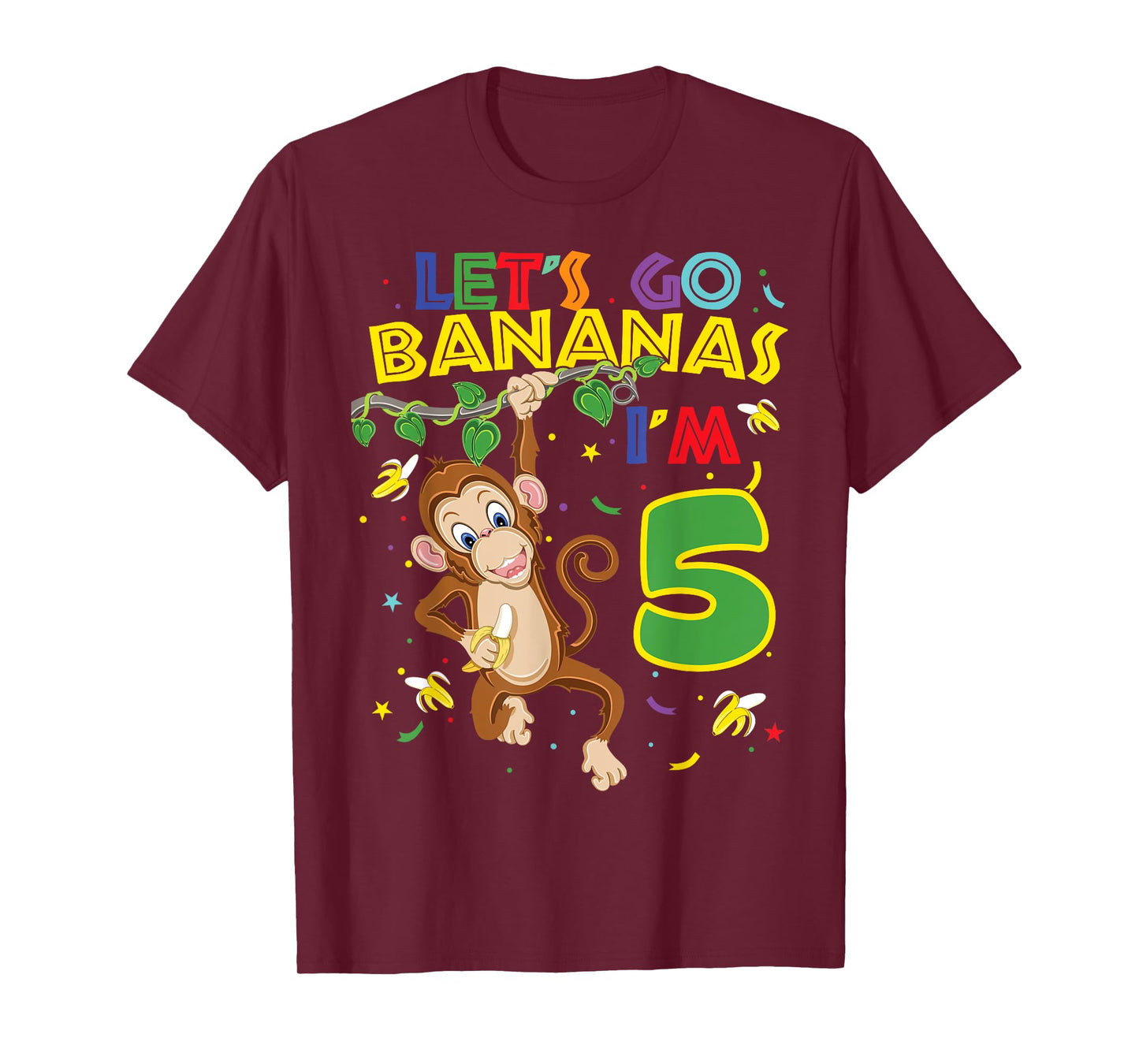 Kids Monkey 5th Birthday Zoo Let's Go Bananas I'm 5 T-Shirt