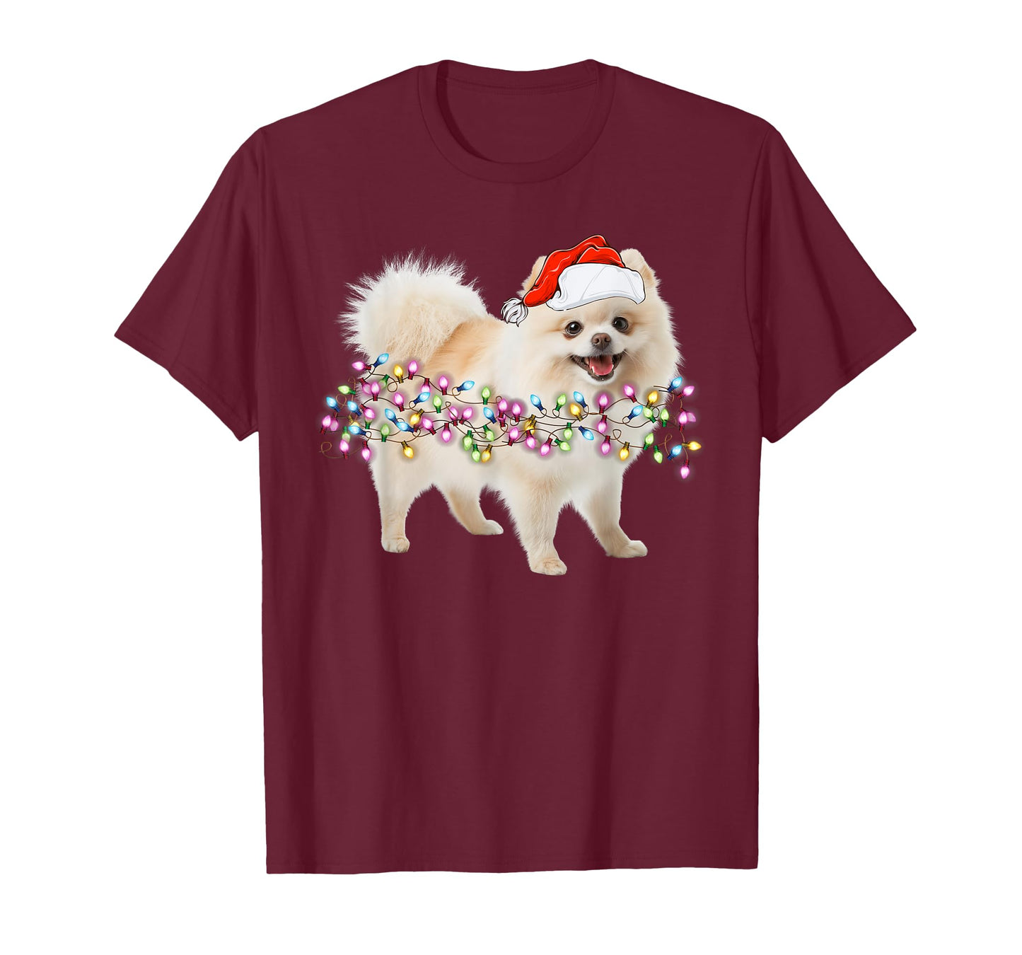 Cute Pomeranian Santa Christmas Tree Lights Unisex-Families, Kids, and Cartoon Lovers Black T-Shirt Small Classic Fit Short Sleeve
